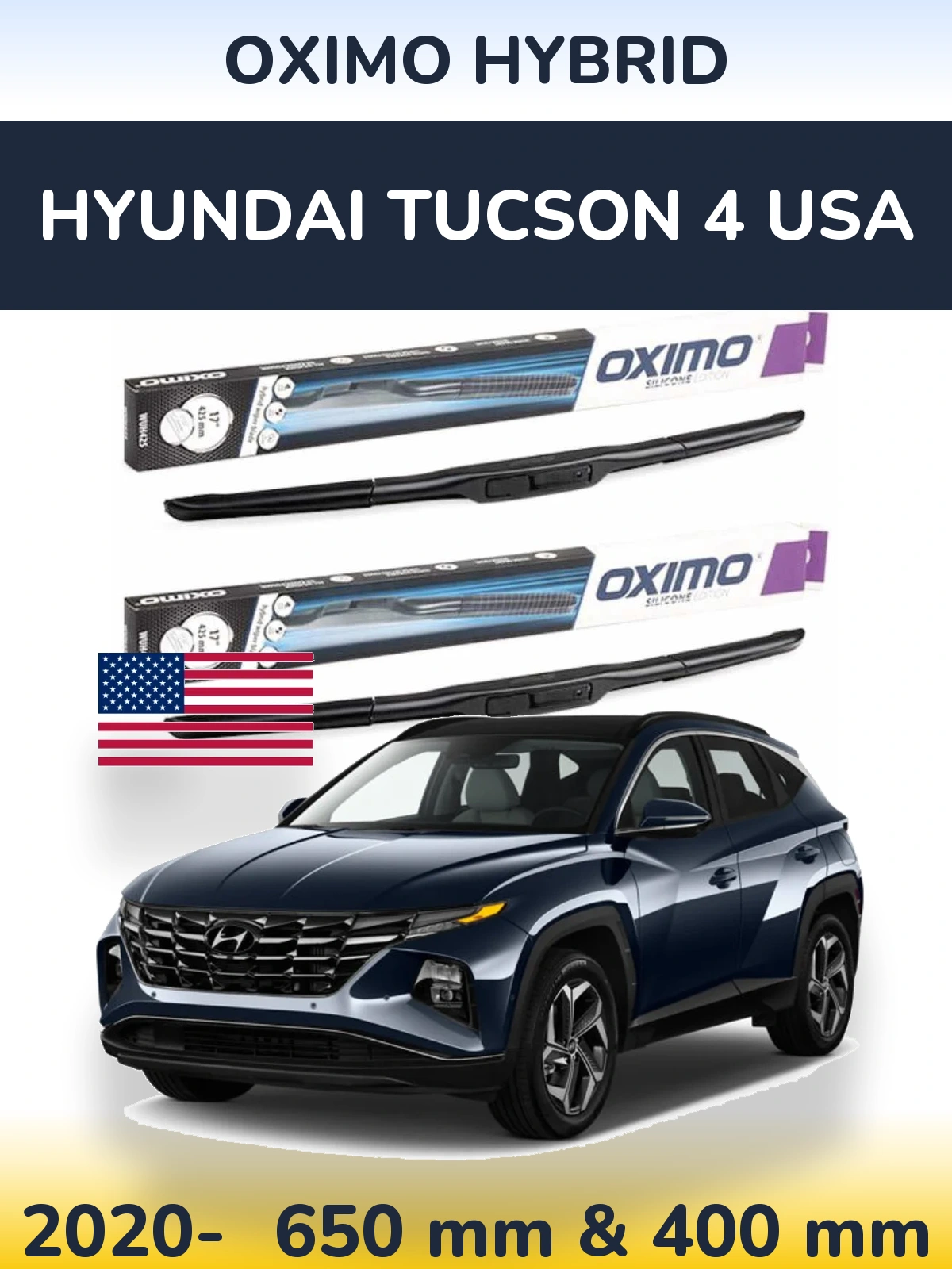 Front wiper blade set Oximo Hybrid 650 & 400 mm for Hyundai Tucson 4 USA 2020-2026