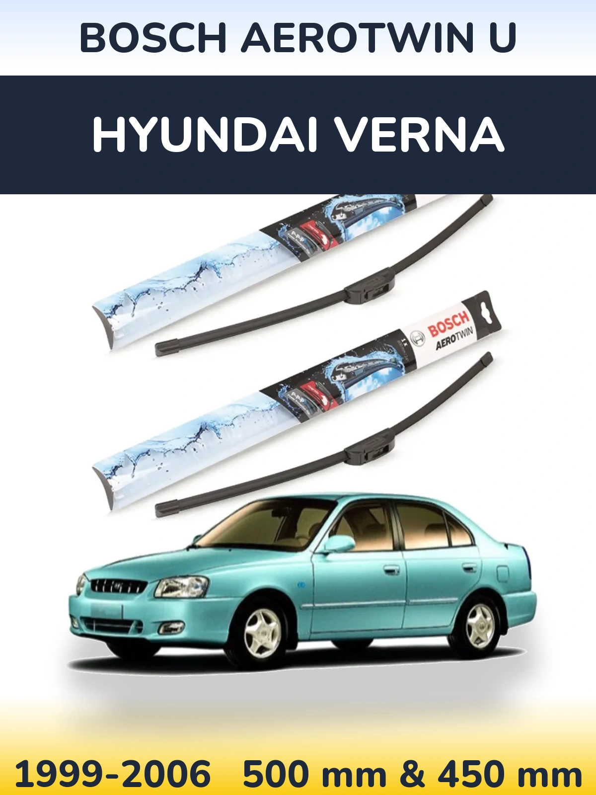Front wiper blade set BOSCH AeroTwin U 500 & 450 мм for Hyundai Verna 1999-2006