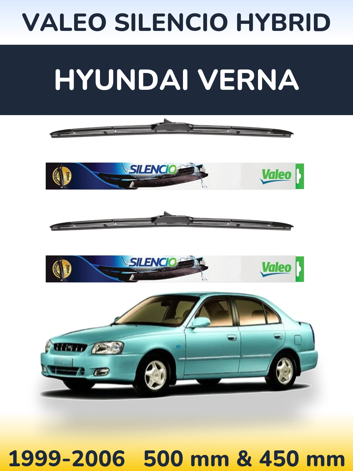 Front wiper blade set Valeo Silencio Hybrid 500 & 450 мм for Hyundai Verna 1999-2006