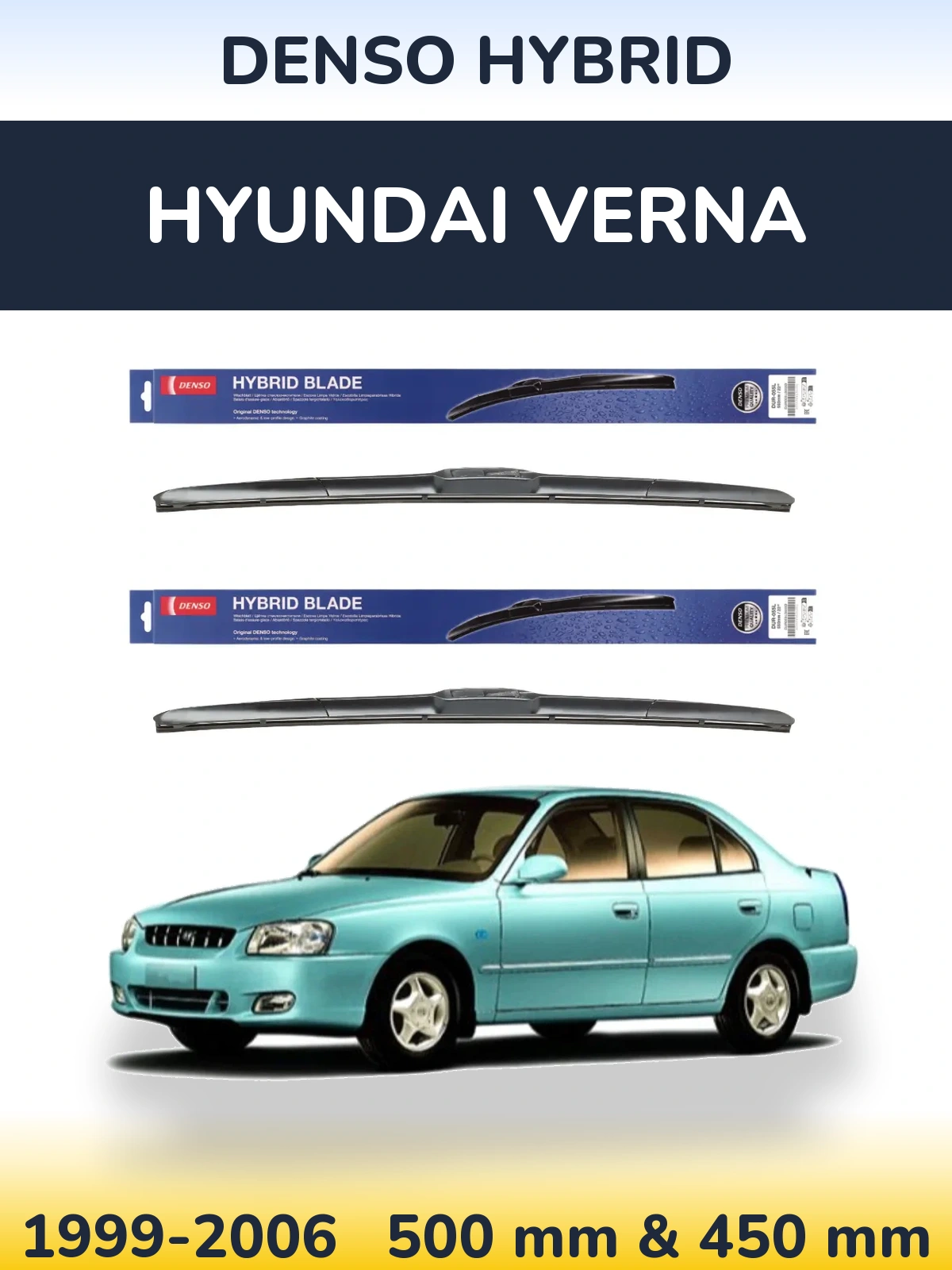Komplet przednich wycieraczek Denso Hybrid 500 & 450 mm do Hyundai Verna 1999-2006