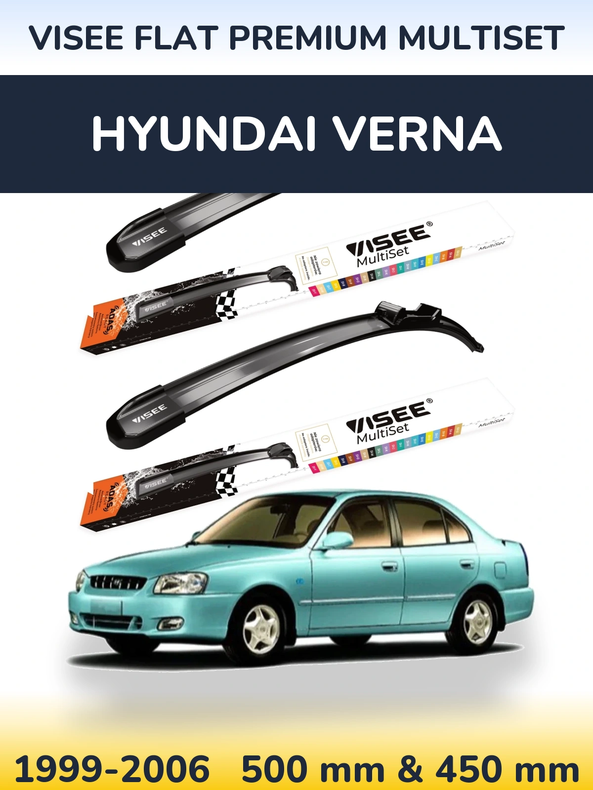 Front wiper blade set VISEE FLAT PREMIUM MultiSet 500 & 450 mm for Hyundai Verna 1999-2006