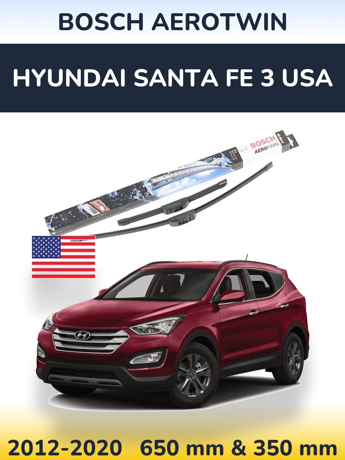 Komplet przednich wycieraczek BOSCH AeroTwin 650 & 350 mm do Hyundai Santa Fe 3 USA 2012-2020