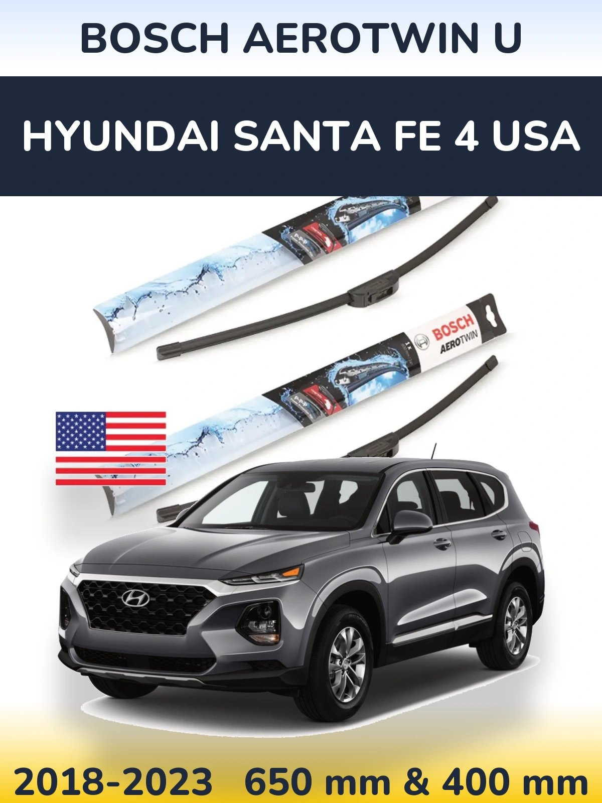 Komplet przednich wycieraczek BOSCH AeroTwin U 650 & 400 mm do Hyundai Santa Fe 4 USA 2018-2023