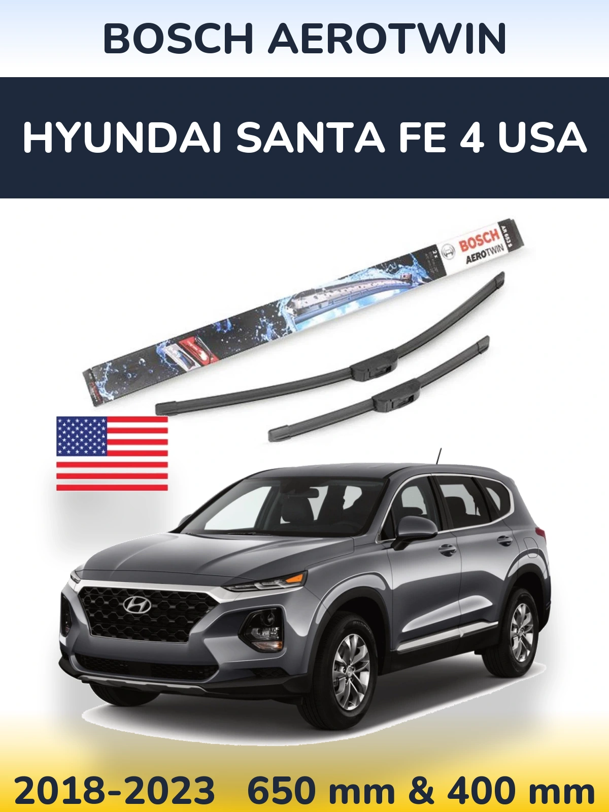 Komplet przednich wycieraczek BOSCH AeroTwin 650 & 400 mm do Hyundai Santa Fe 4 USA 2018-2023