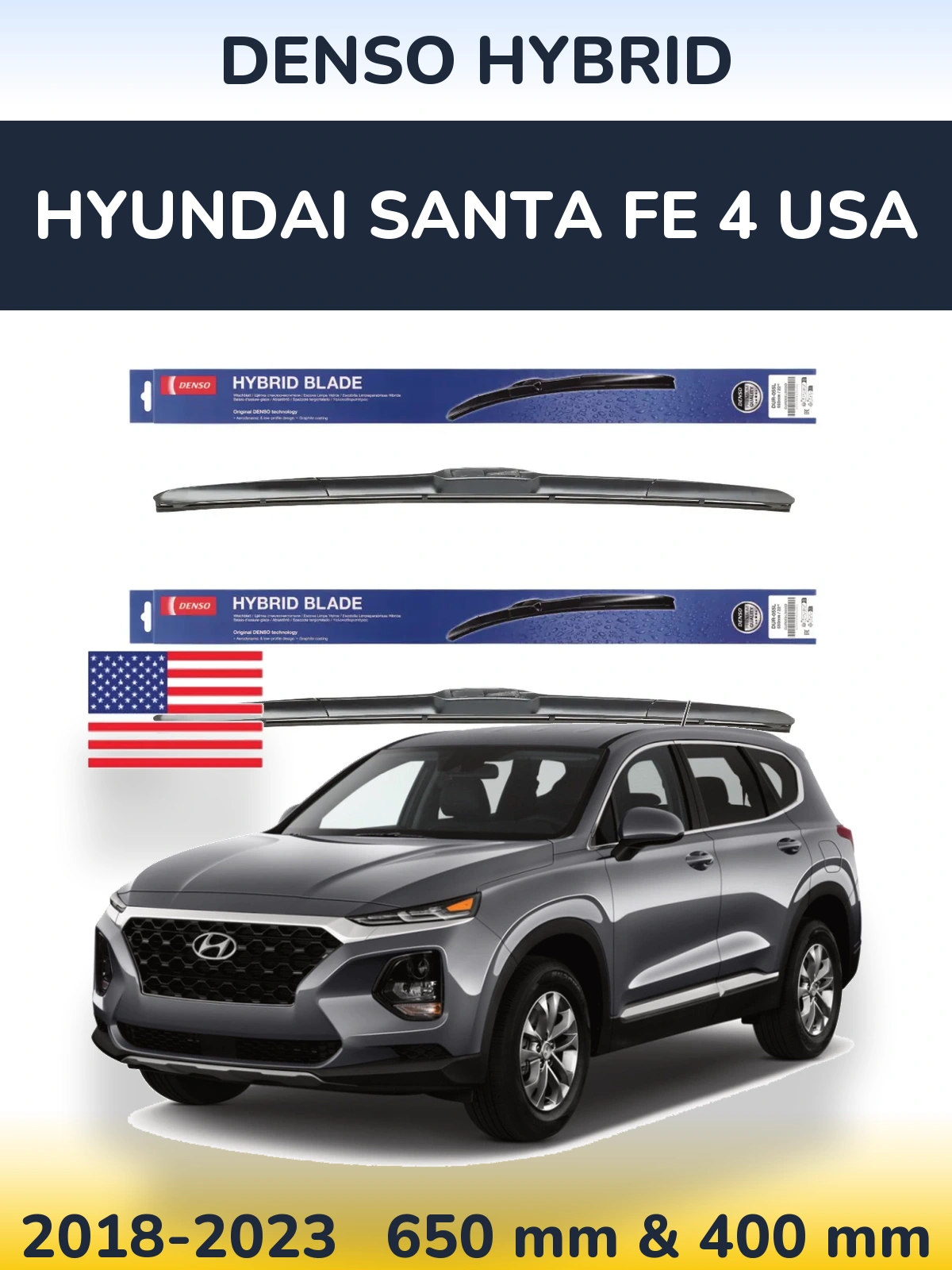 Komplet przednich wycieraczek Denso Hybrid 650 & 400 mm do Hyundai Santa Fe 4 USA 2018-2023
