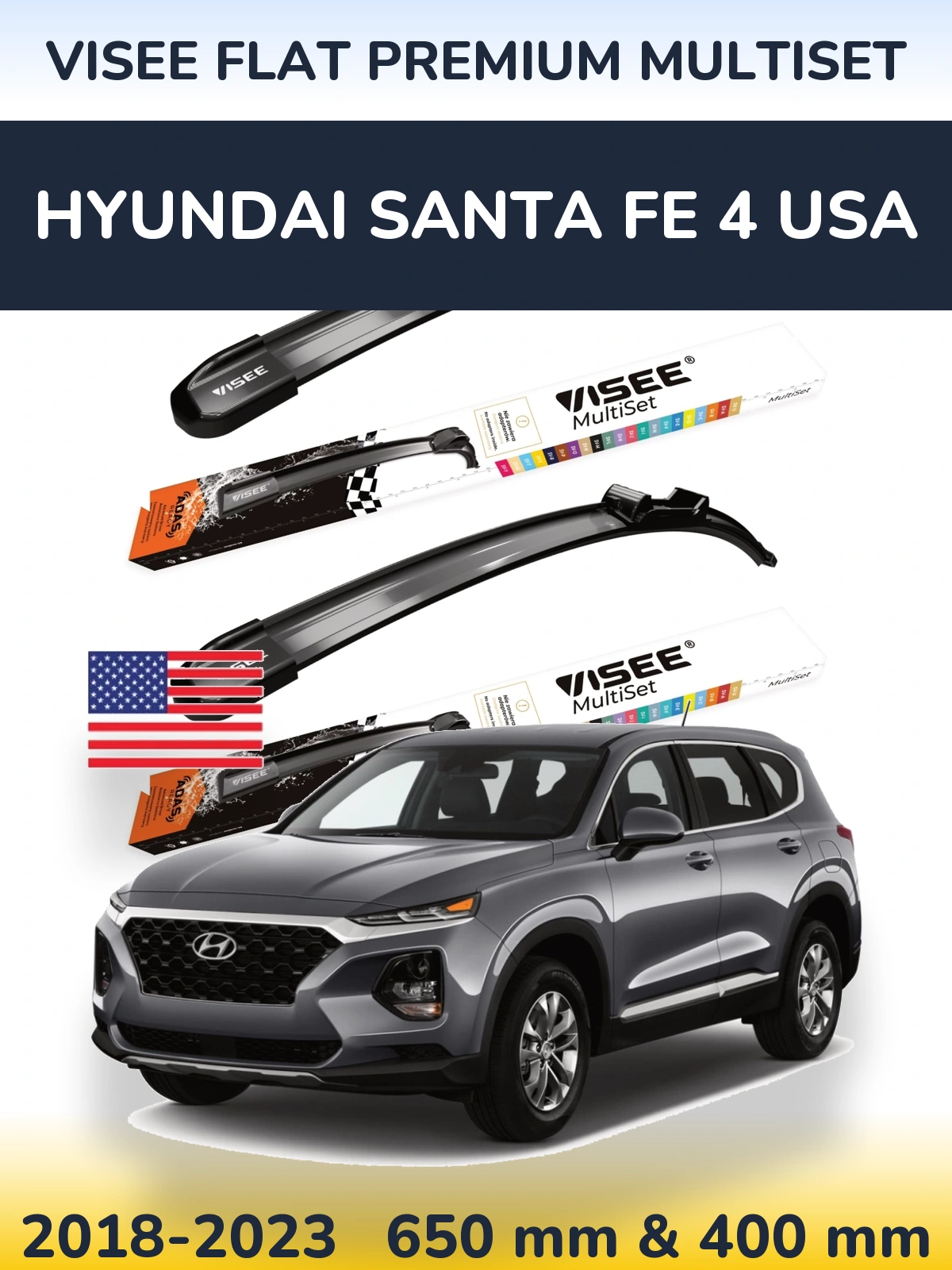 Комплект передних дворников VISEE FLAT PREMIUM MultiSet 650 & 400 мм для Hyundai Santa Fe 4 USA 2018-2023
