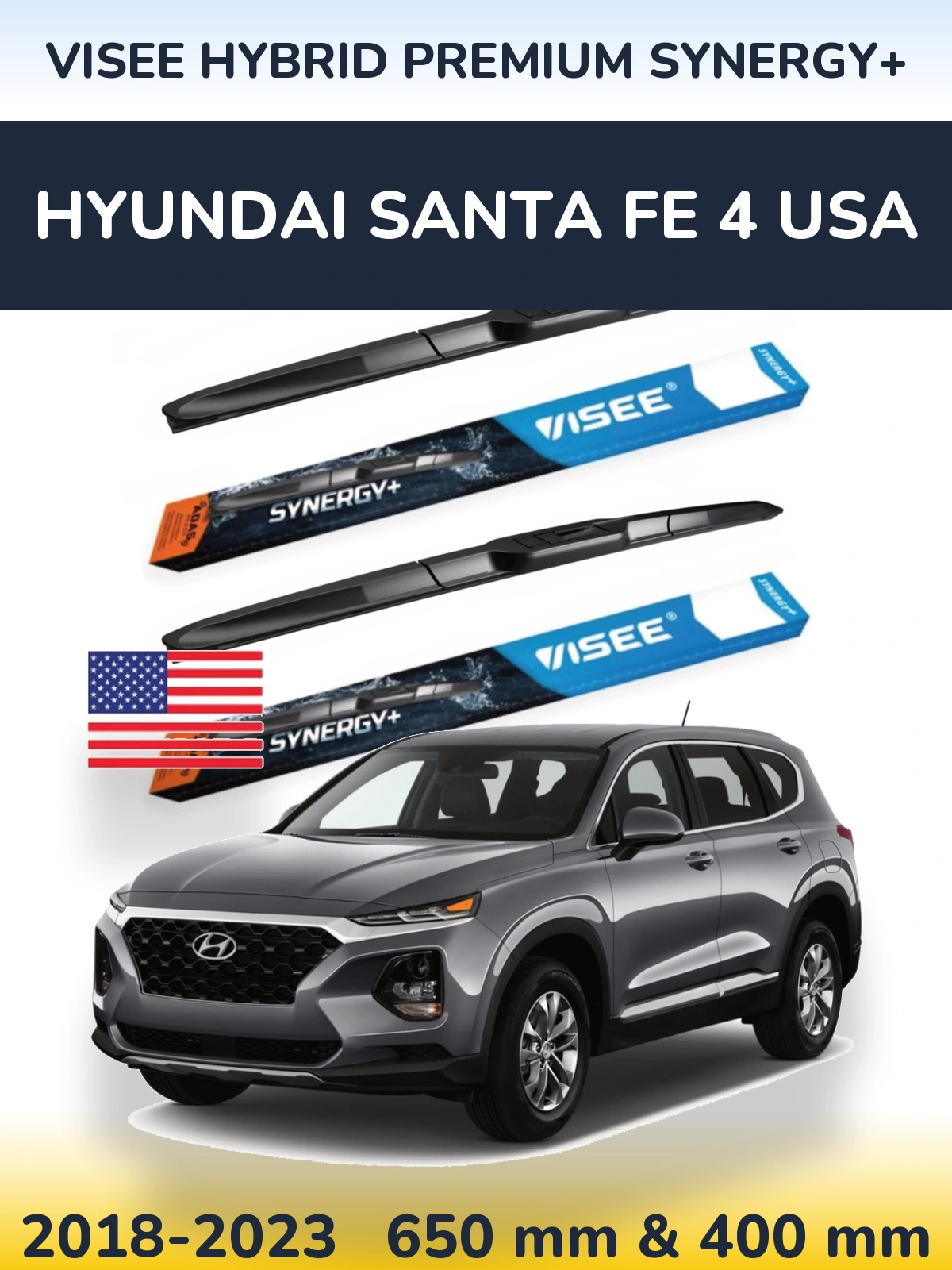 Komplet przednich wycieraczek VISEE HYBRID PREMIUM SYNERGY+ 650 & 400 mm do Hyundai Santa Fe 4 USA 2018-2023