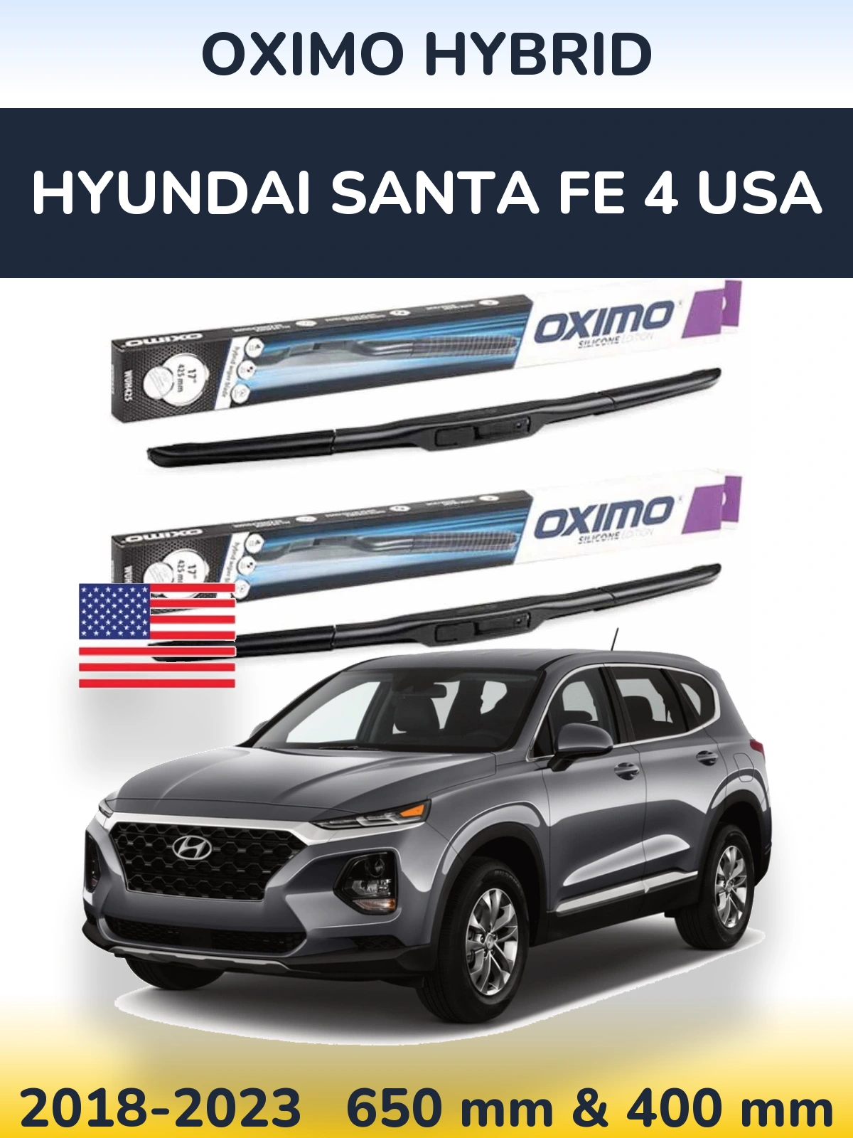 Комплект передних дворников Oximo Hybrid 650 & 400 мм для Hyundai Santa Fe 4 USA 2018-2023