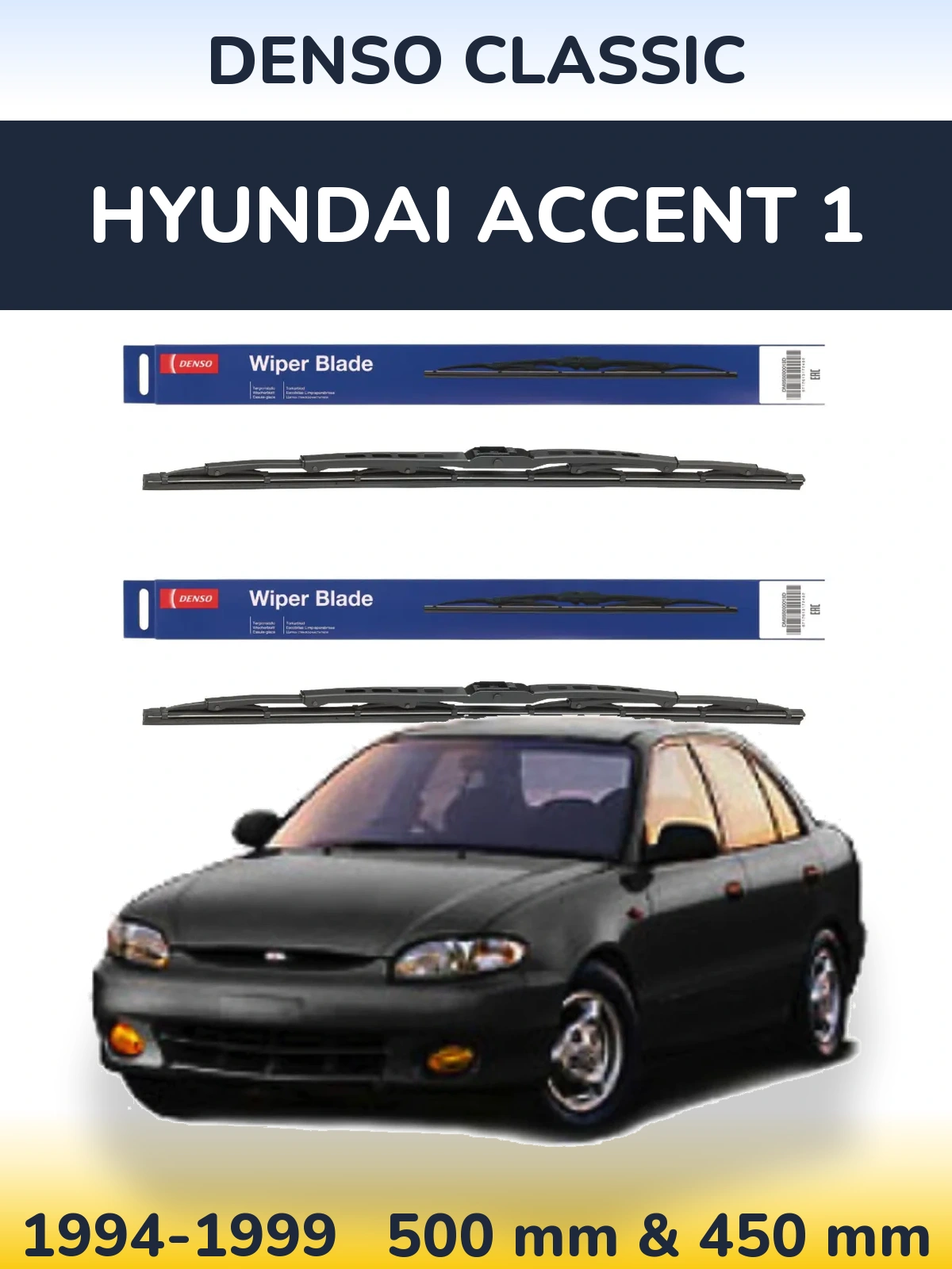 Front wiper blade set Denso Classic 500 & 450 mm for Hyundai Accent 1 1994-1999