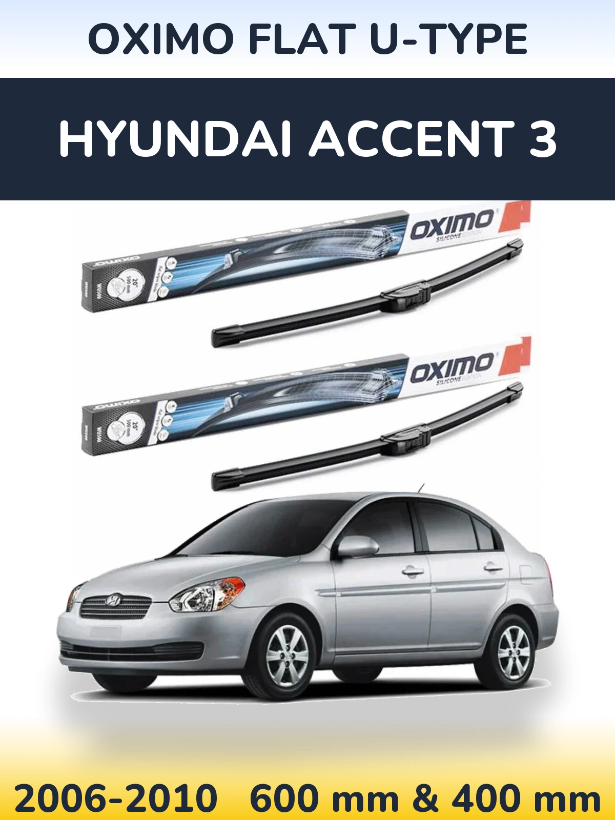 Front wiper blade set Oximo Flat U-type 600 & 400 мм for Hyundai Accent 3 2006-2010