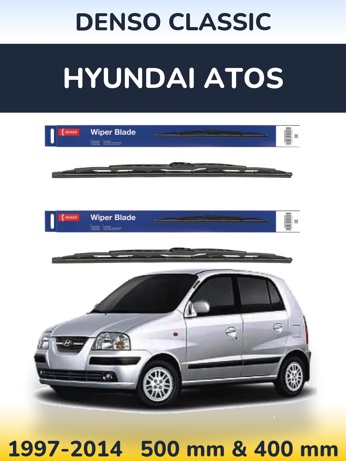 Front wiper blade set Denso Classic 500 & 400 mm for Hyundai Atos 1997-2014