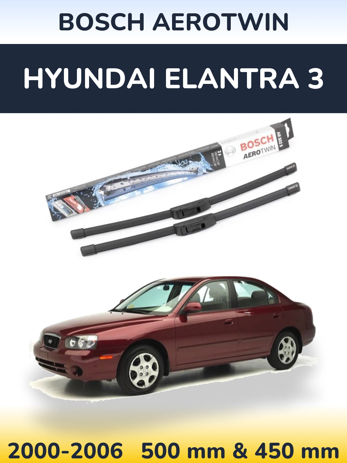 Front wiper blade set BOSCH AeroTwin 500 & 450 mm for Hyundai Elantra 3 2000-2006