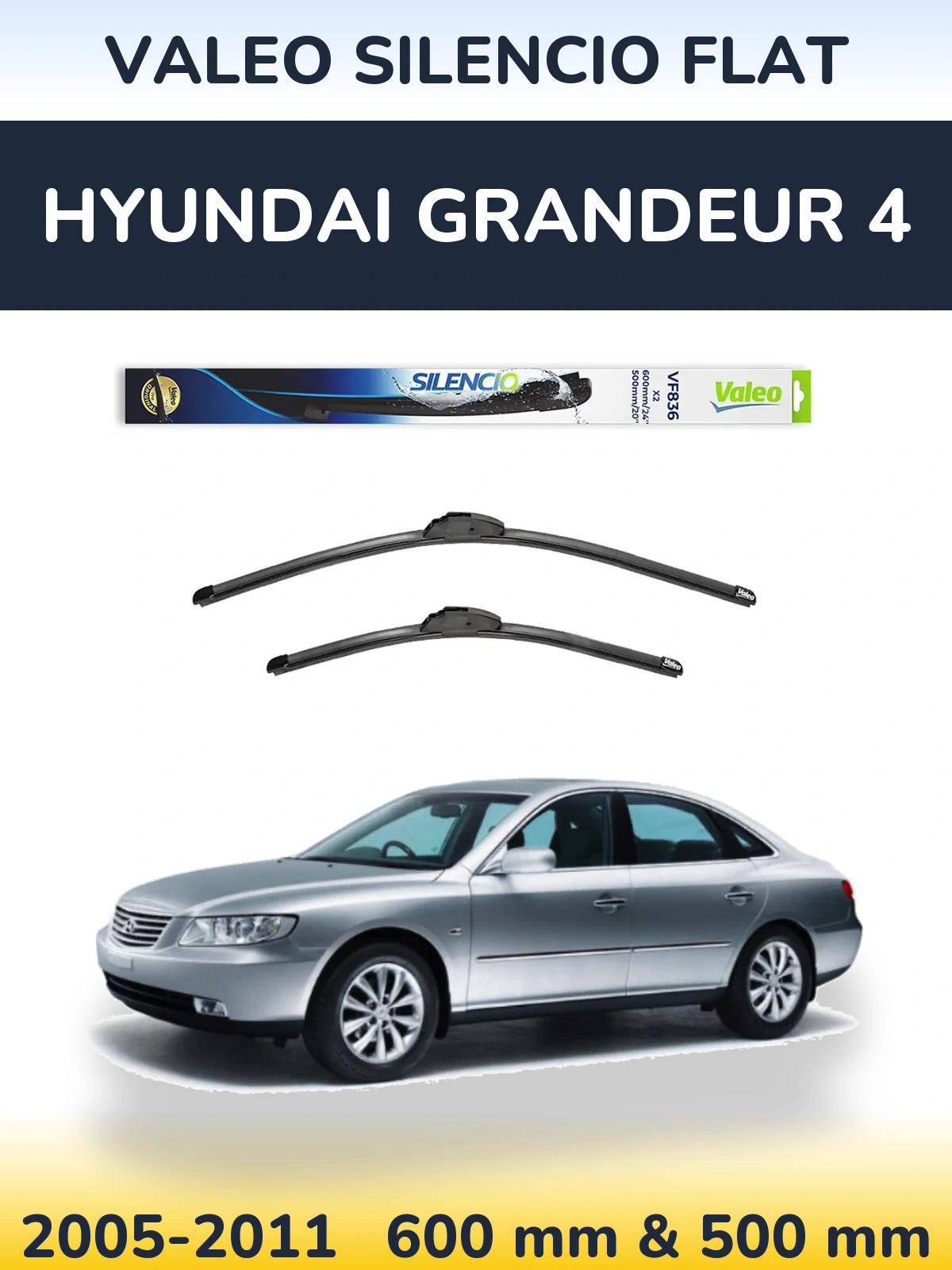 Комплект передніх щіток Valeo Silencio Flat 600 & 500 мм для Hyundai Grandeur 4 2005-2011