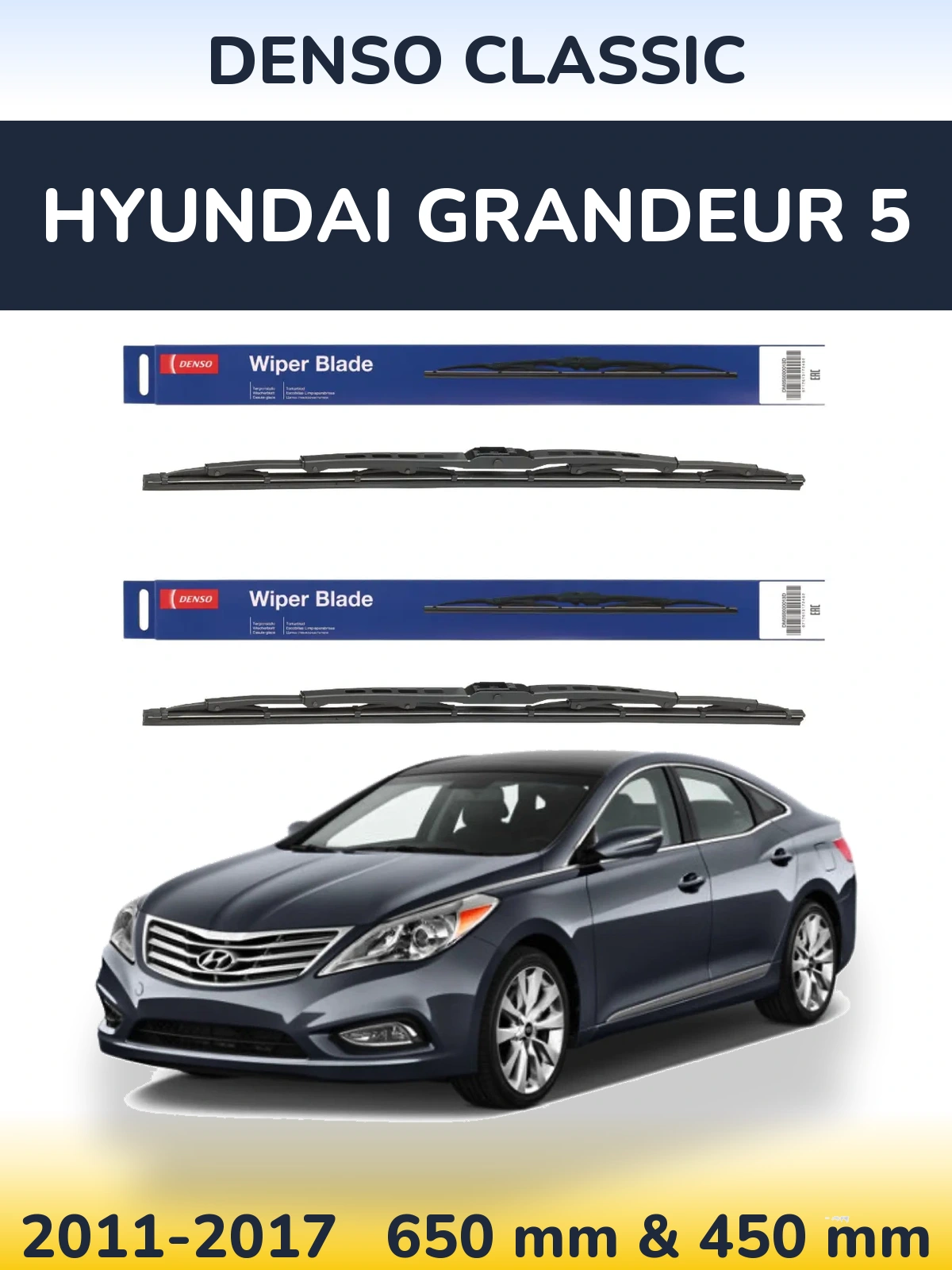 Front wiper blade set Denso Classic 650 & 450 mm for Hyundai Grandeur 5 2011-2017