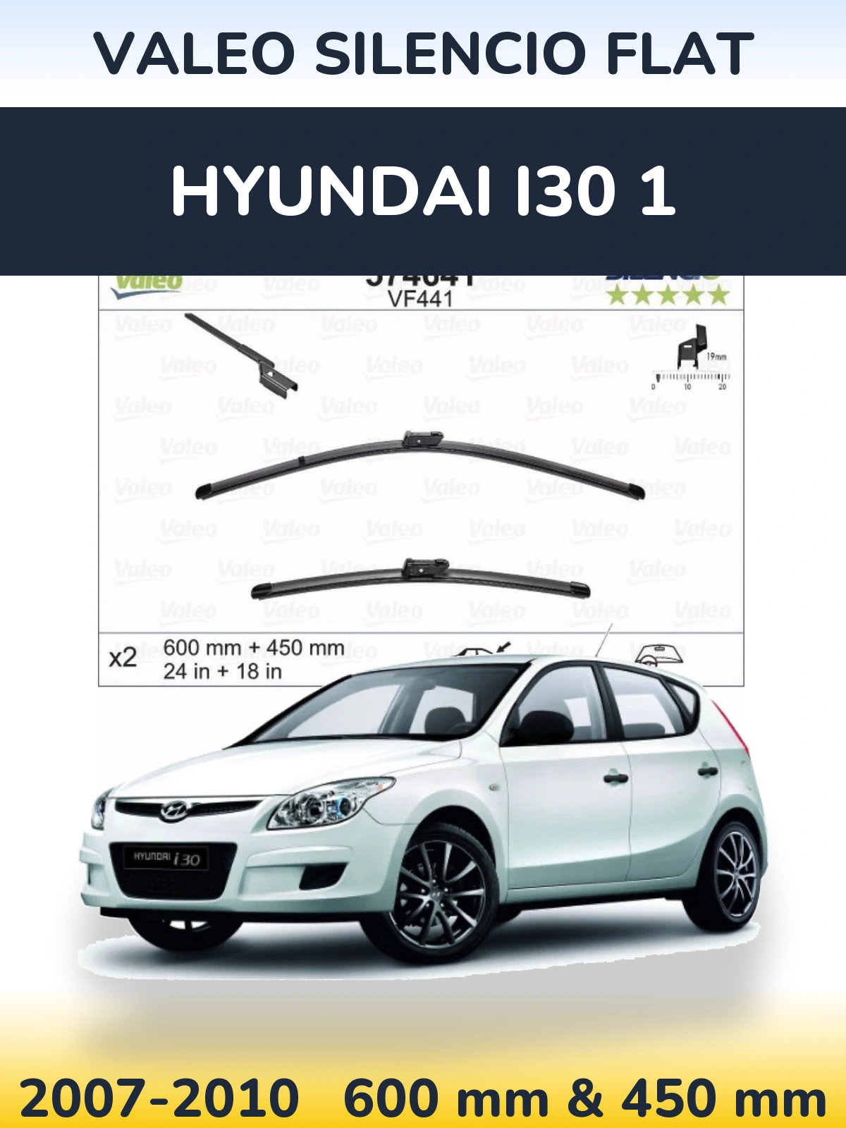 Front wiper blade set Valeo Silencio Flat 600 & 450 мм for Hyundai i30 1 2007-2010