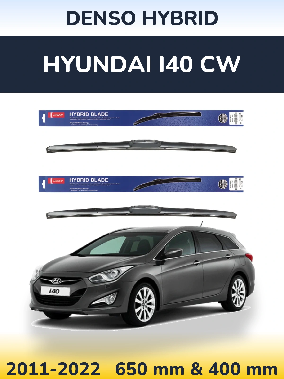 Front wiper blade set Denso Hybrid 650 & 400 мм for Hyundai i40 CW 2011-2022