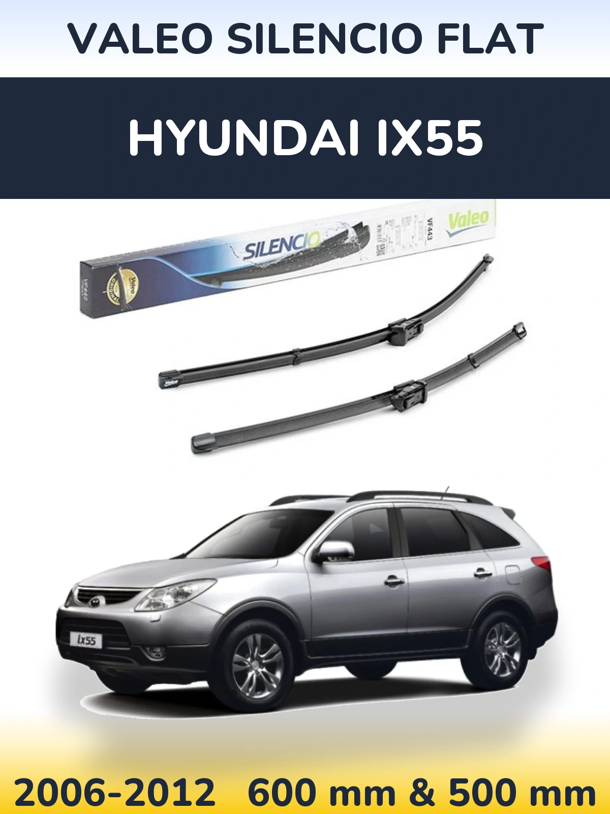 Front wiper blade set Valeo Silencio Flat 600 & 500 mm for Hyundai ix55 2006-2012