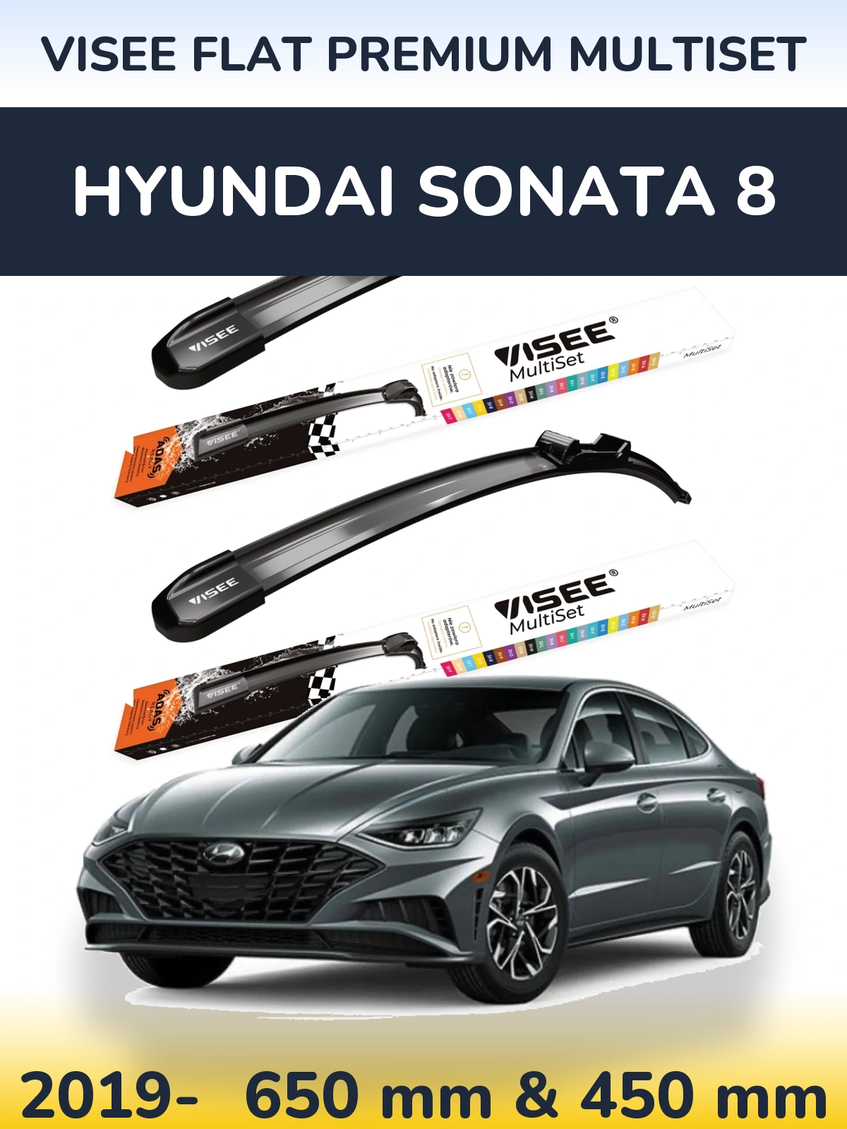 Front wiper blade set VISEE FLAT PREMIUM MultiSet 650 & 450 mm for Hyundai Sonata 8 2019-2026
