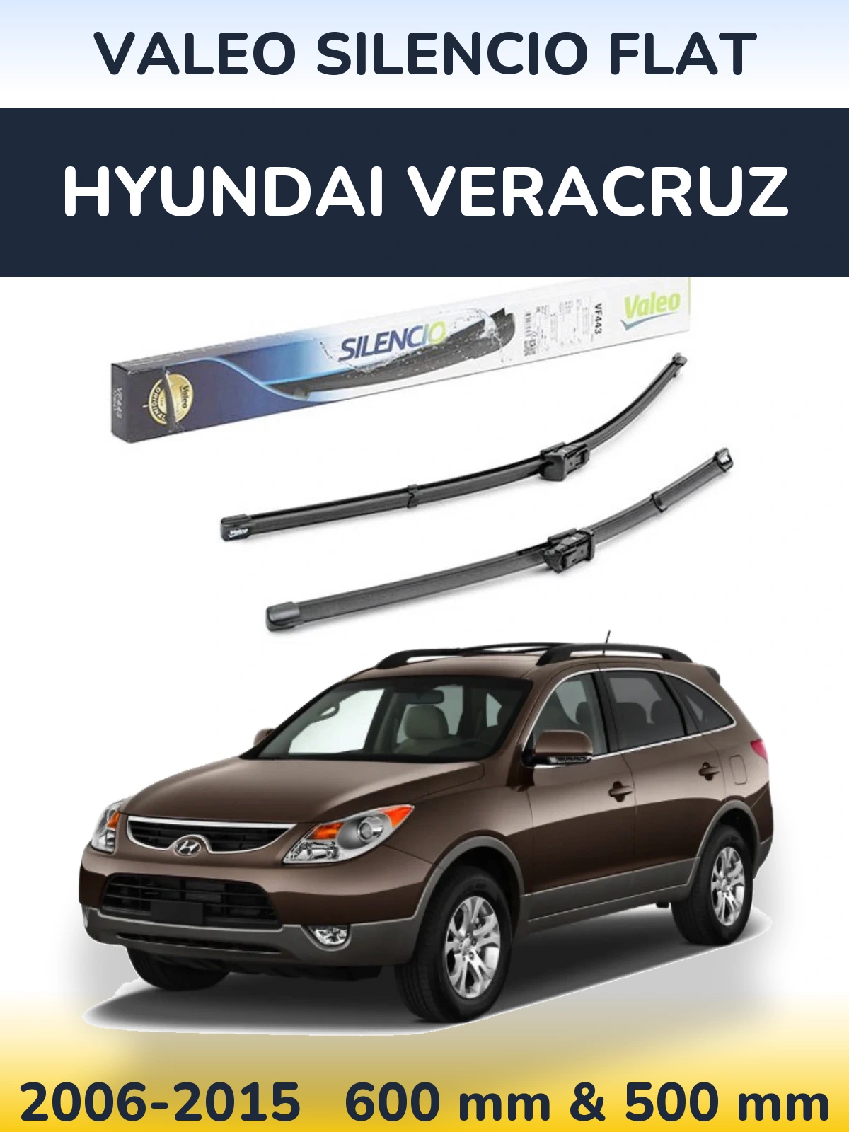 Front wiper blade set Valeo Silencio Flat 600 & 500 mm for Hyundai Veracruz 2006-2015