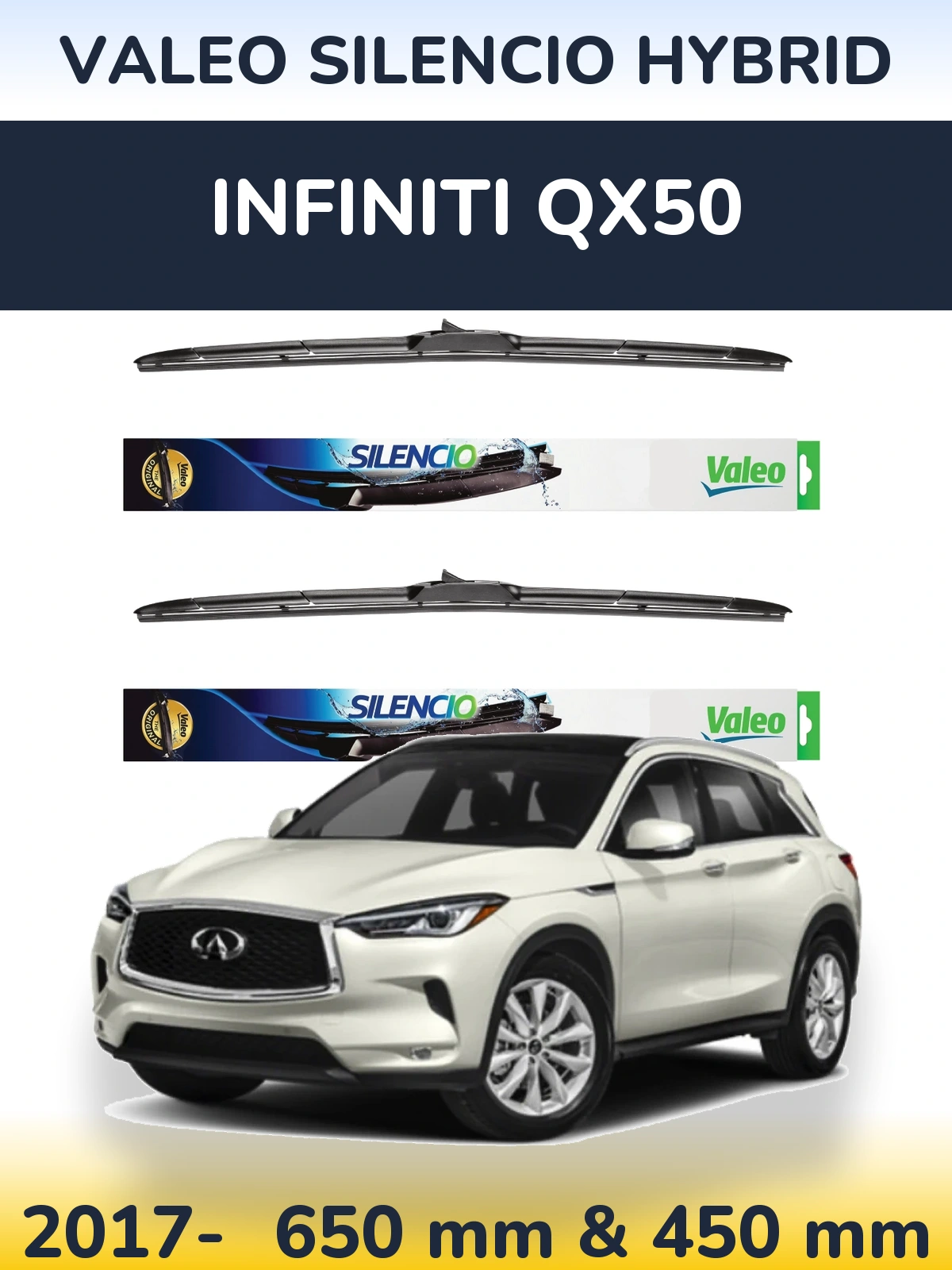 Front wiper blade set Valeo Silencio Hybrid 650 & 450 mm for Infiniti QX50 2017-2026