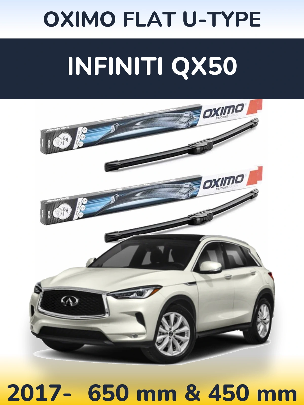 Front wiper blade set Oximo Flat U-type 650 & 450 мм for Infiniti QX50 2017-2026