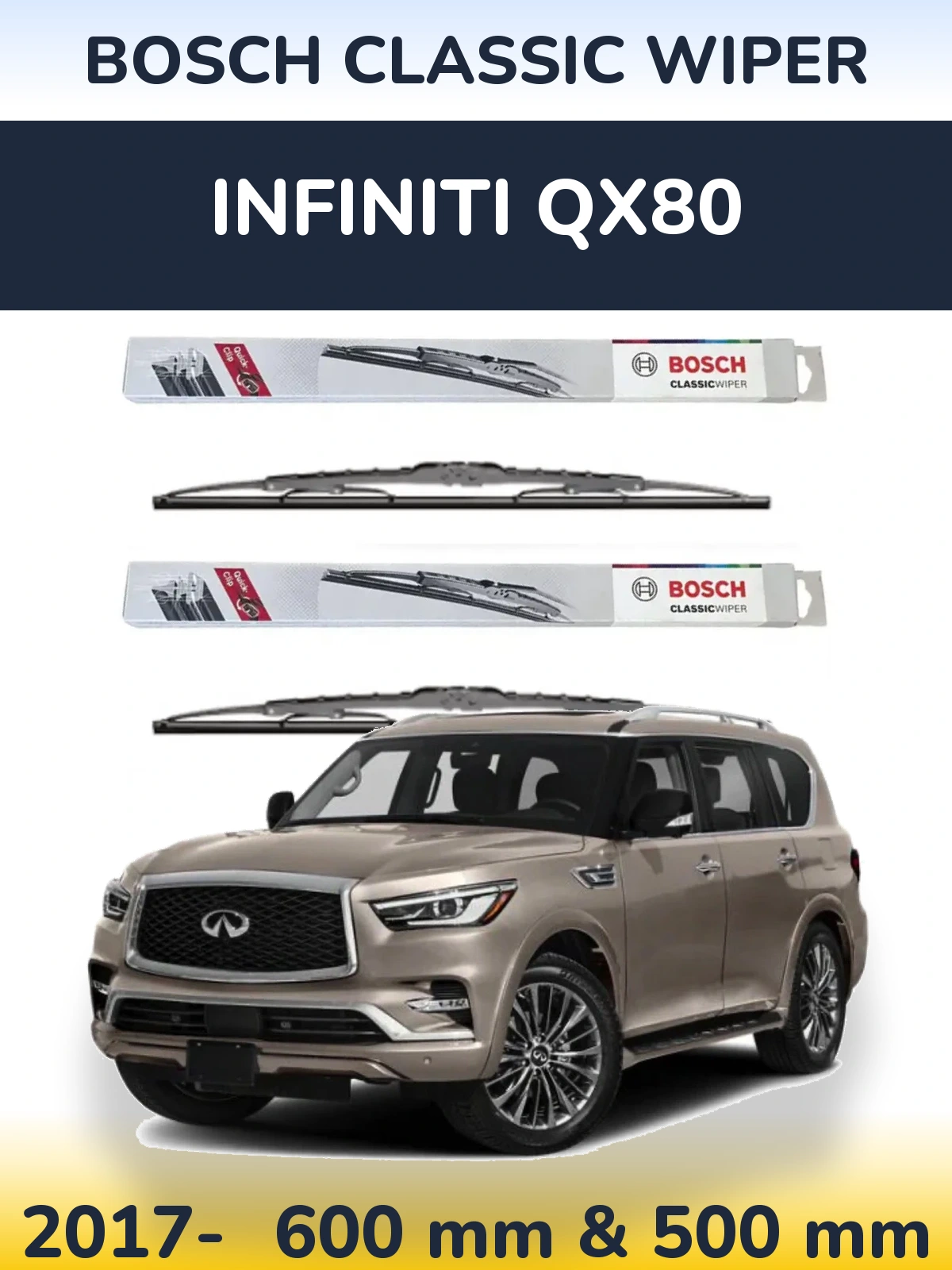 Комплект передних дворников BOSCH Classic Wiper 600 & 500 мм для Infiniti QX80 2017-2026