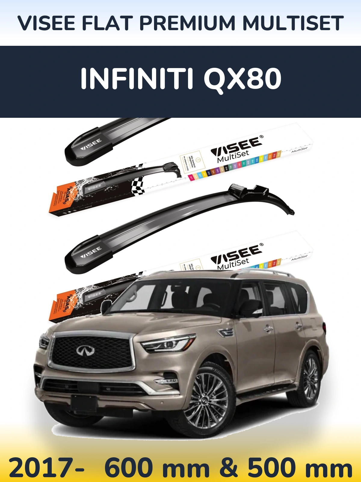 Комплект передніх щіток VISEE FLAT PREMIUM MultiSet 600 & 500 мм для Infiniti QX80 2017-2026