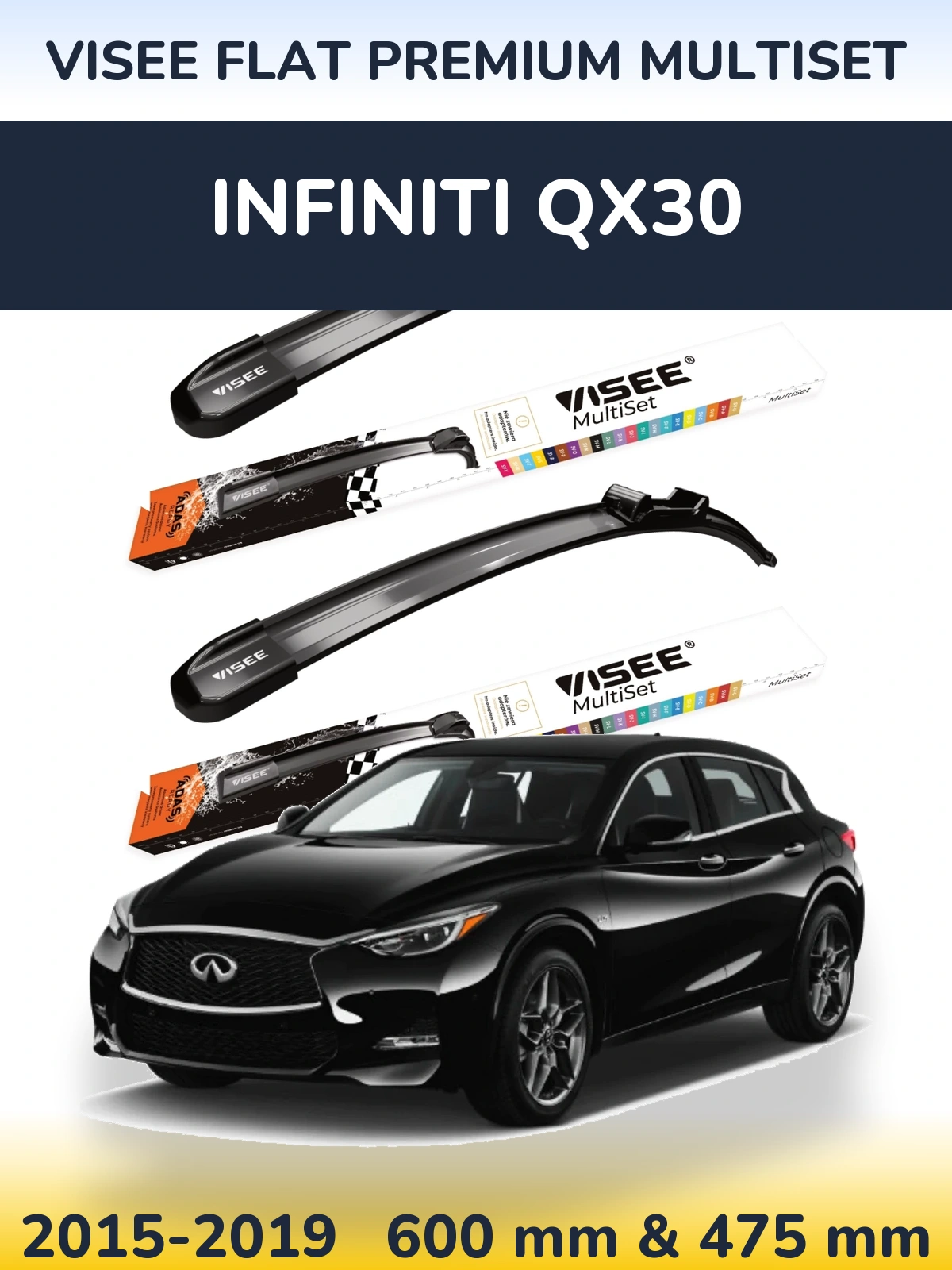 Комплект передних дворников VISEE FLAT PREMIUM MultiSet 600 & 475 мм для Infiniti QX30 2015-2019