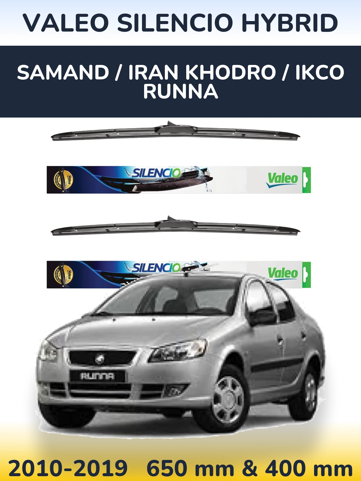 Front wiper blade set Valeo Silencio Hybrid 650 & 400 мм for Samand / Iran Khodro / IKCO Runna 2010-2019