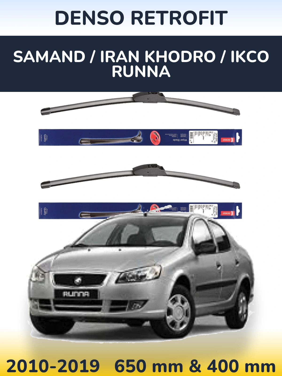 Komplet przednich wycieraczek Denso Retrofit 650 & 400 mm do Samand / Iran Khodro / IKCO Runna 2010-2019