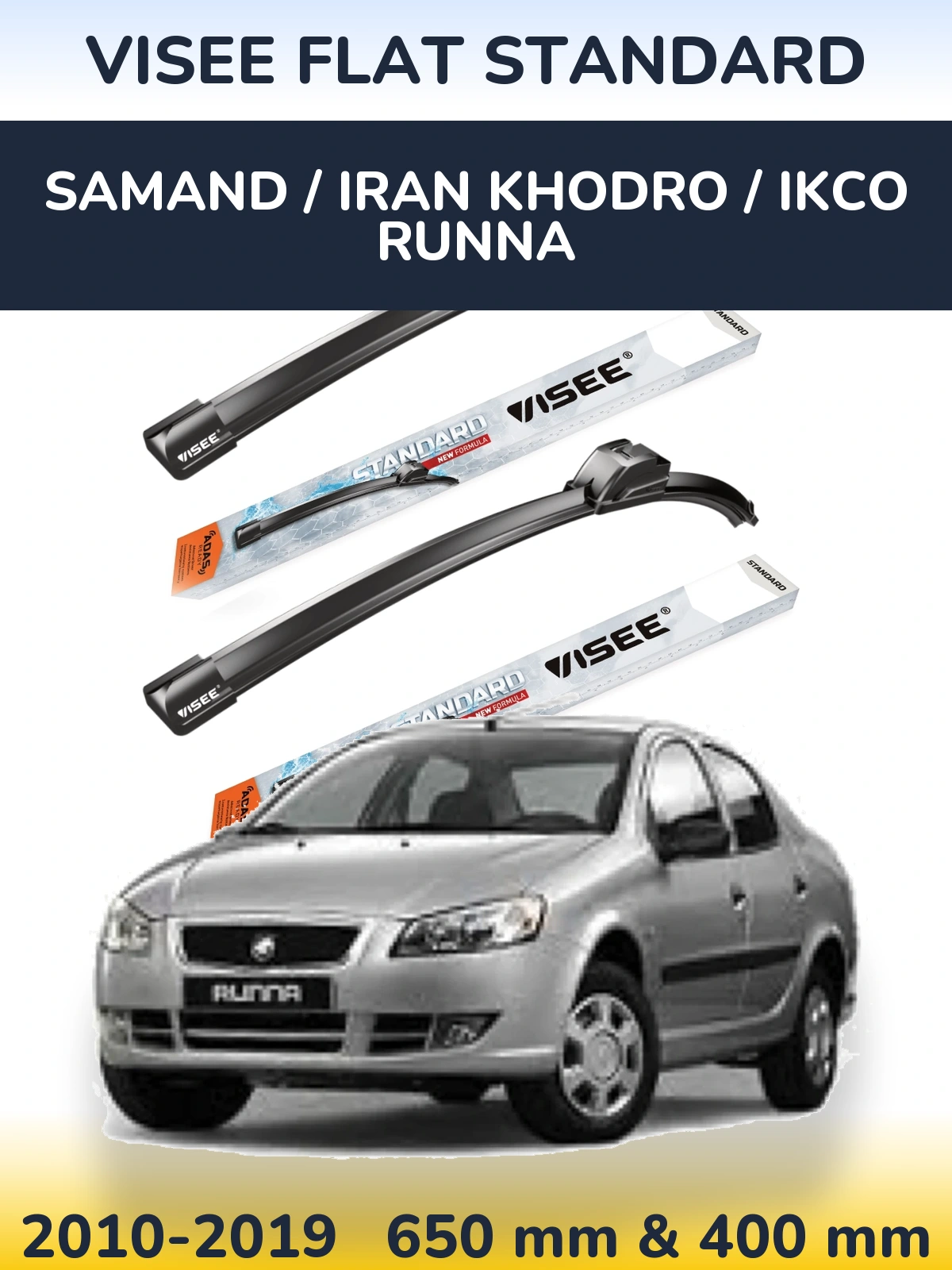 Front wiper blade set VISEE FLAT STANDARD 650 & 400 мм for Samand / Iran Khodro / IKCO Runna 2010-2019
