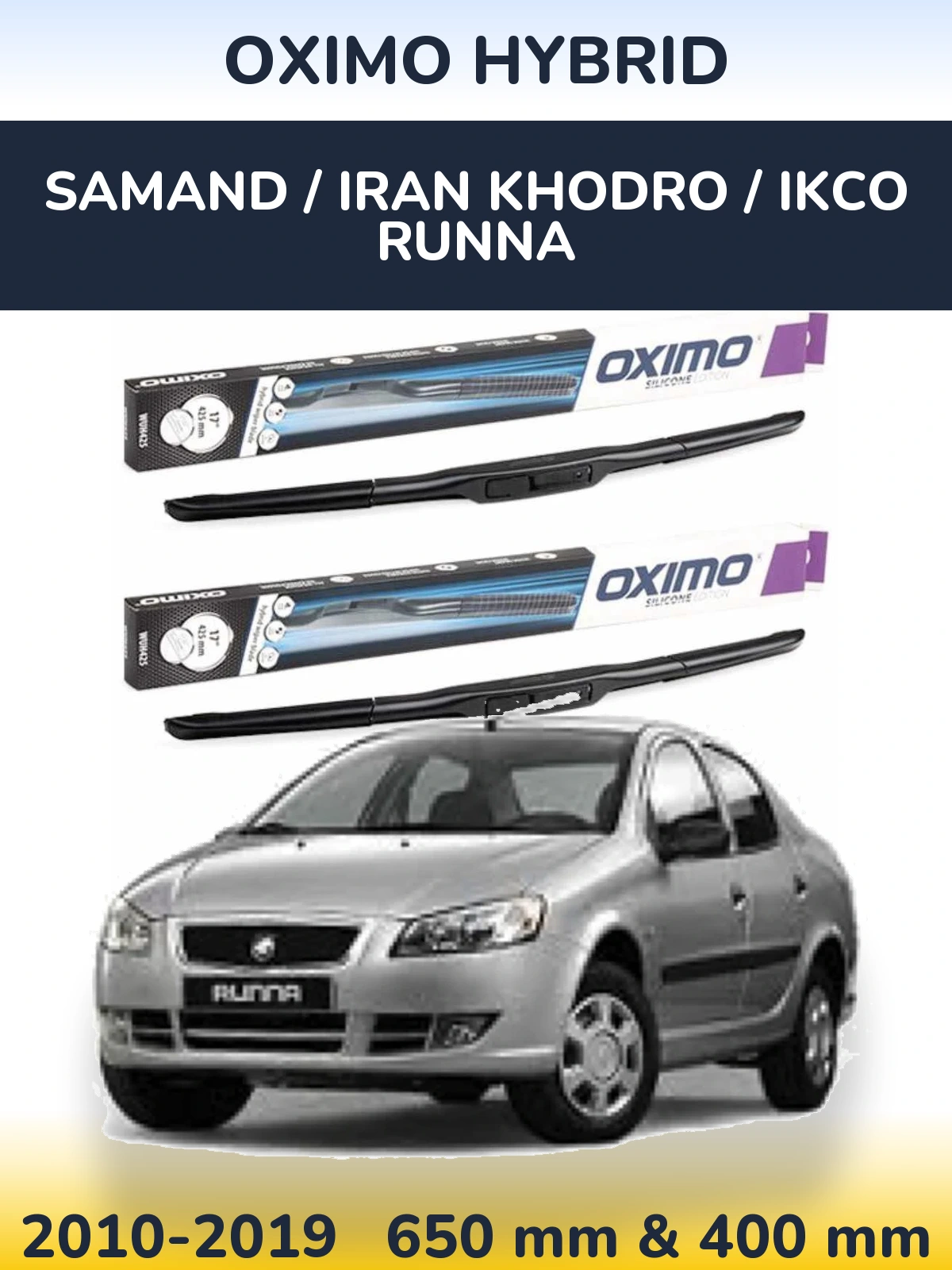 Komplet przednich wycieraczek Oximo Hybrid 650 & 400 mm do Samand / Iran Khodro / IKCO Runna 2010-2019