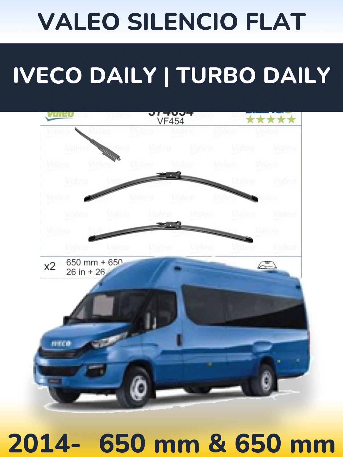 Front wiper blade set Valeo Silencio Flat 650 & 650 mm for Iveco Daily | Turbo Daily 2014-2026