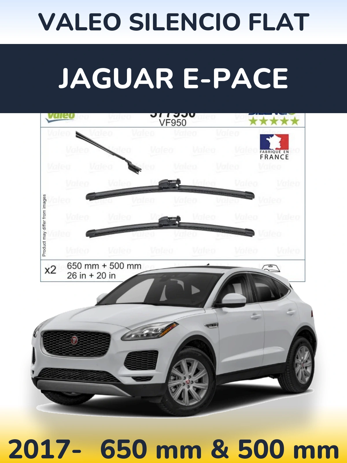 Komplet przednich wycieraczek Valeo Silencio Flat 650 & 500 mm do Jaguar E-Pace 2017-2026