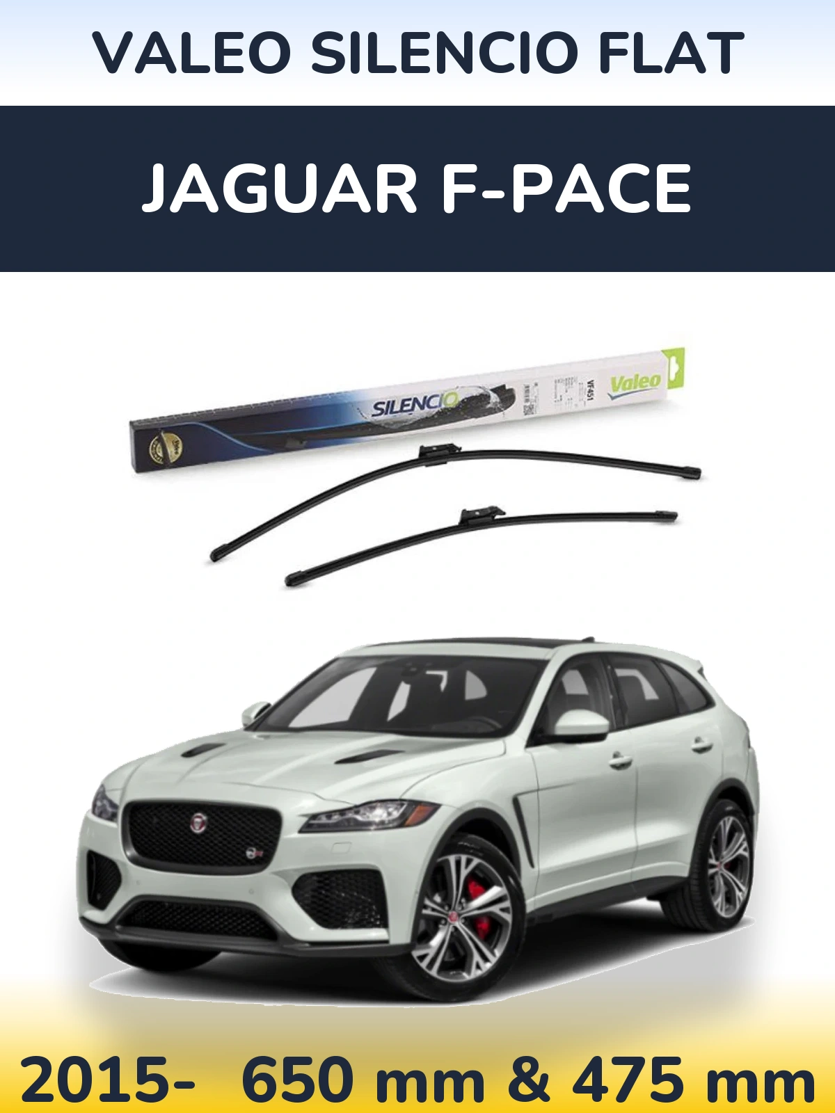 Front wiper blade set Valeo Silencio Flat 650 & 475 mm for Jaguar F-Pace 2015-2026