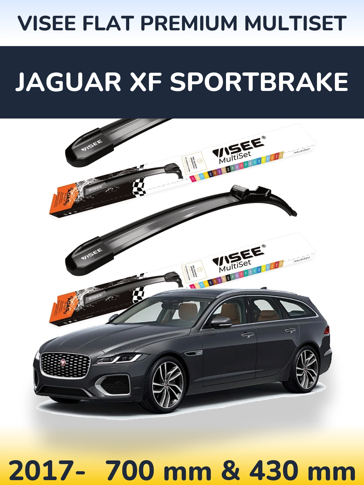 Front wiper blade set VISEE FLAT PREMIUM MultiSet 700 & 430 мм for Jaguar XF Sportbrake 2017-2026