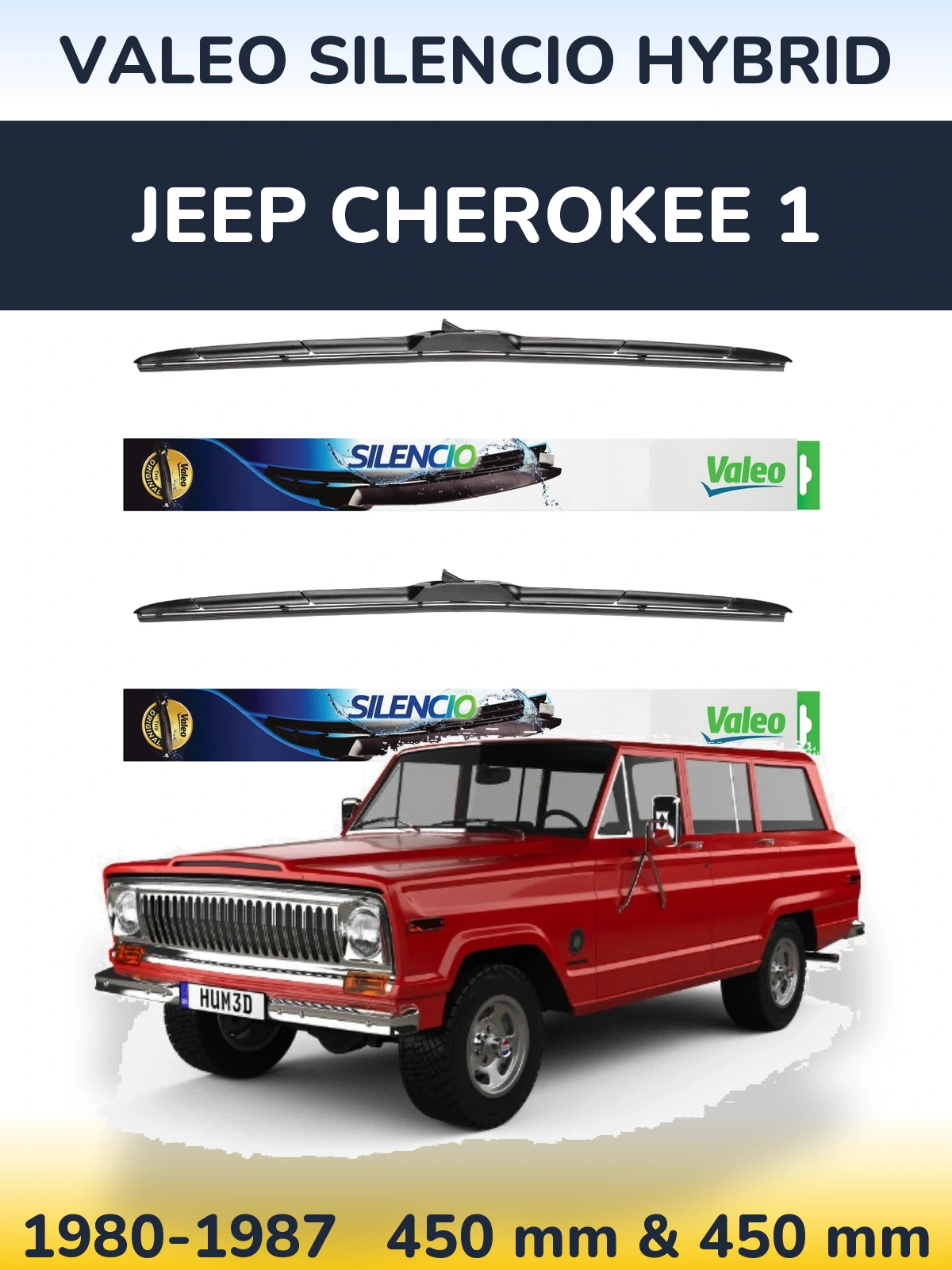 Front wiper blade set Valeo Silencio Hybrid 450 & 450 mm for Jeep Cherokee 1 1980-1987