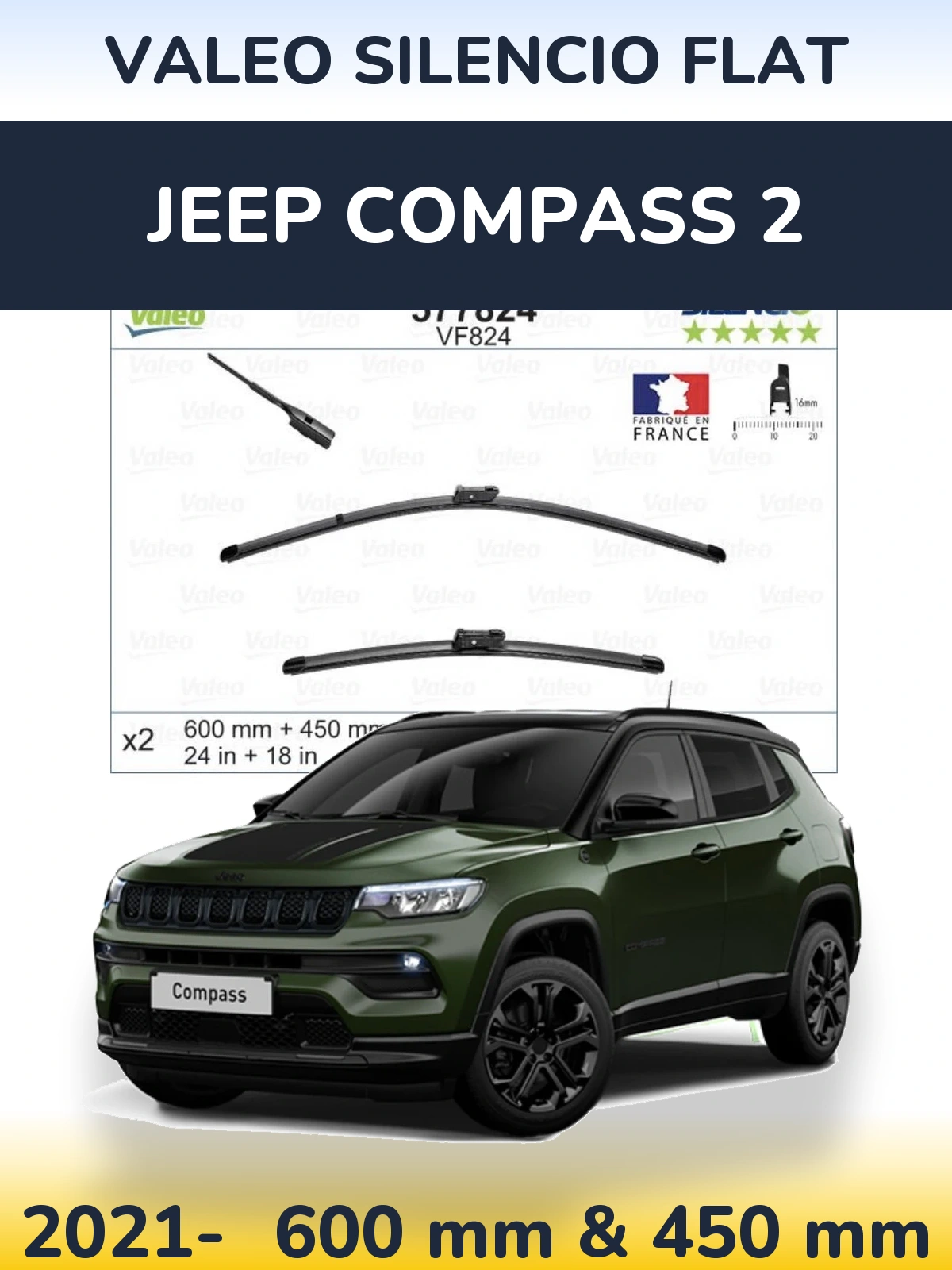 Komplet przednich wycieraczek Valeo Silencio Flat 600 & 450 mm do Jeep Compass 2 2021-2026