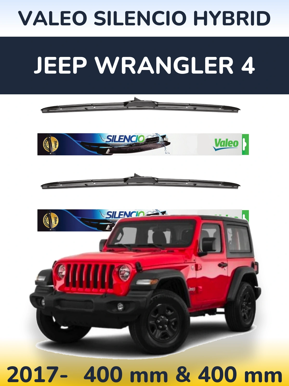 Front wiper blade set Valeo Silencio Hybrid 400 & 400 mm for Jeep Wrangler 4 2017-2026