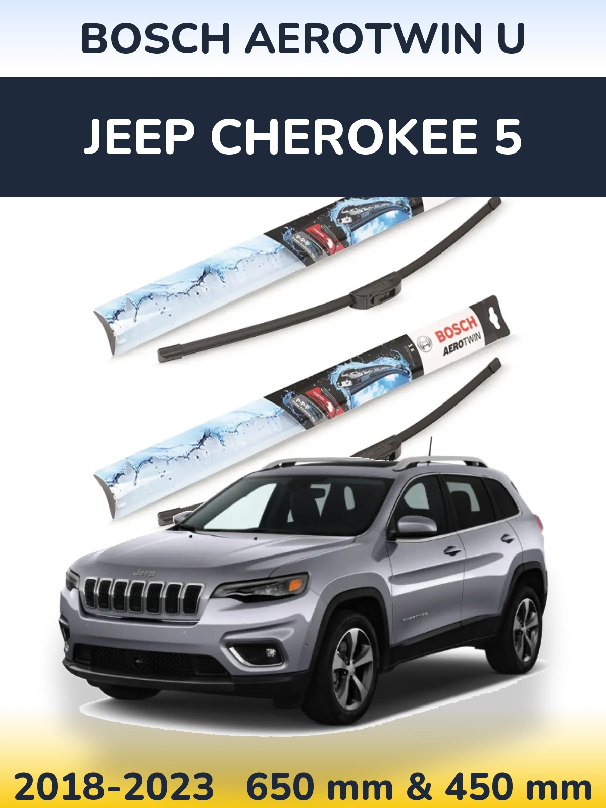 Front wiper blade set BOSCH AeroTwin U 650 & 450 mm for Jeep Cherokee 5 2018-2023