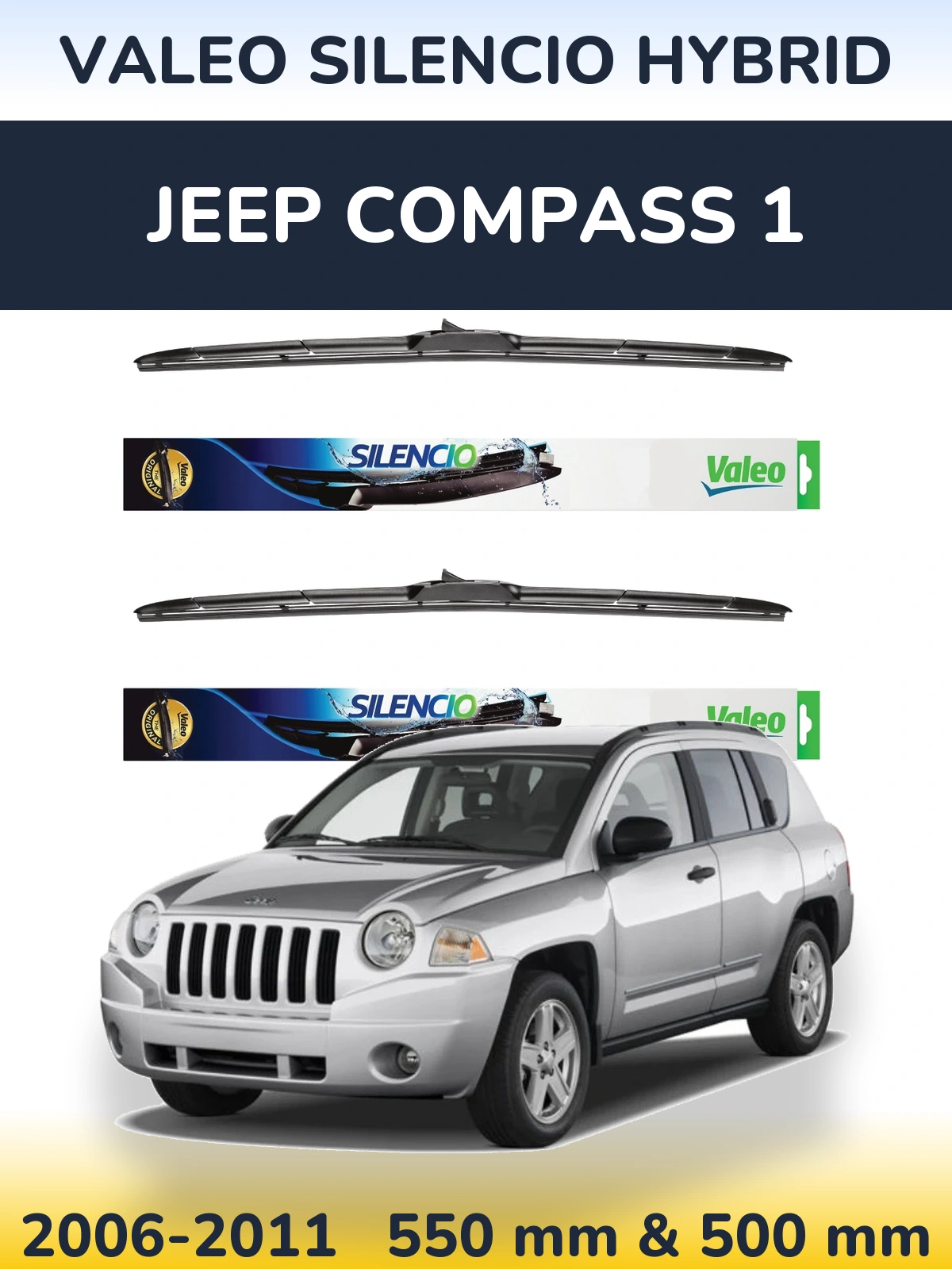 Front wiper blade set Valeo Silencio Hybrid 550 & 500 мм for Jeep Compass 1 2006-2011