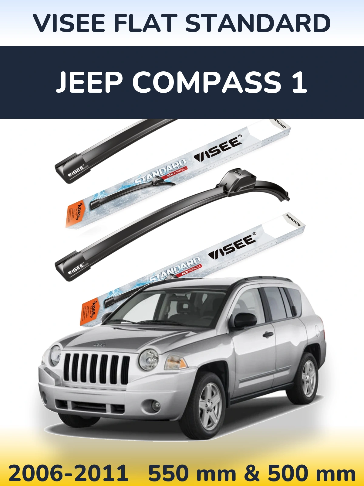 Комплект передніх щіток VISEE FLAT STANDARD 550 & 500 мм для Jeep Compass 1 2006-2011