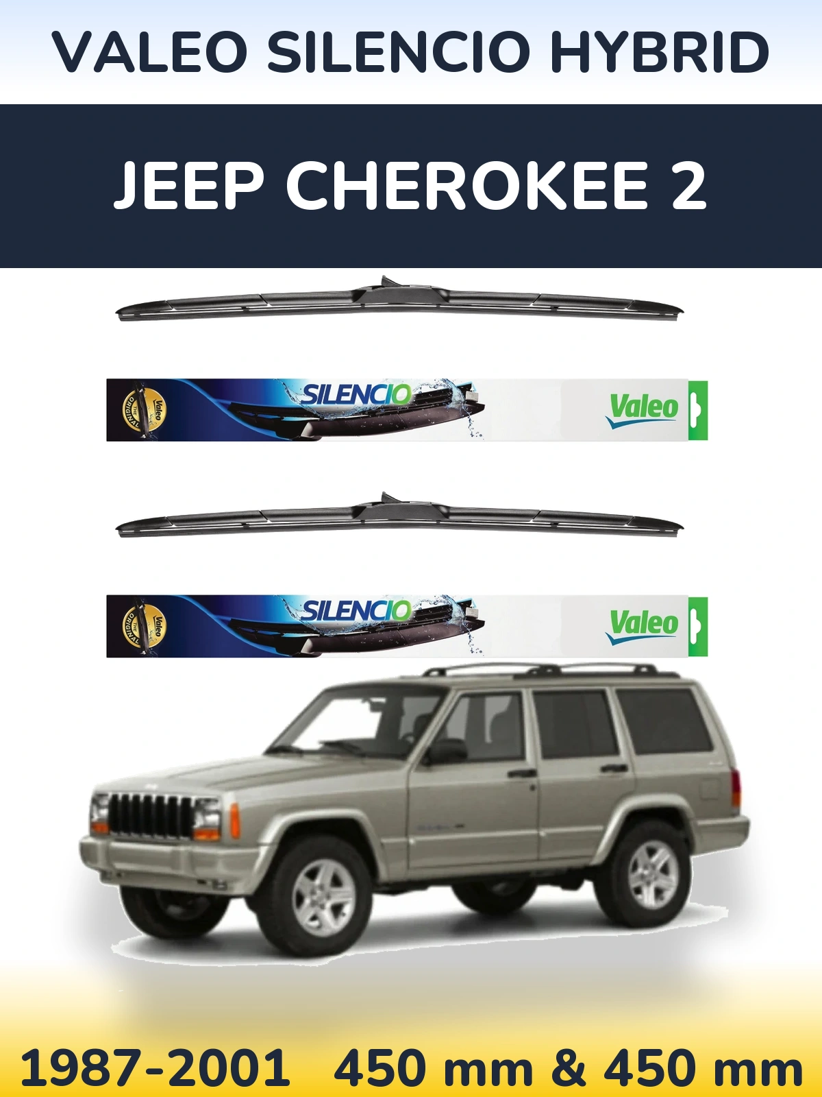 Front wiper blade set Valeo Silencio Hybrid 450 & 450 мм for Jeep Cherokee 2 1987-2001