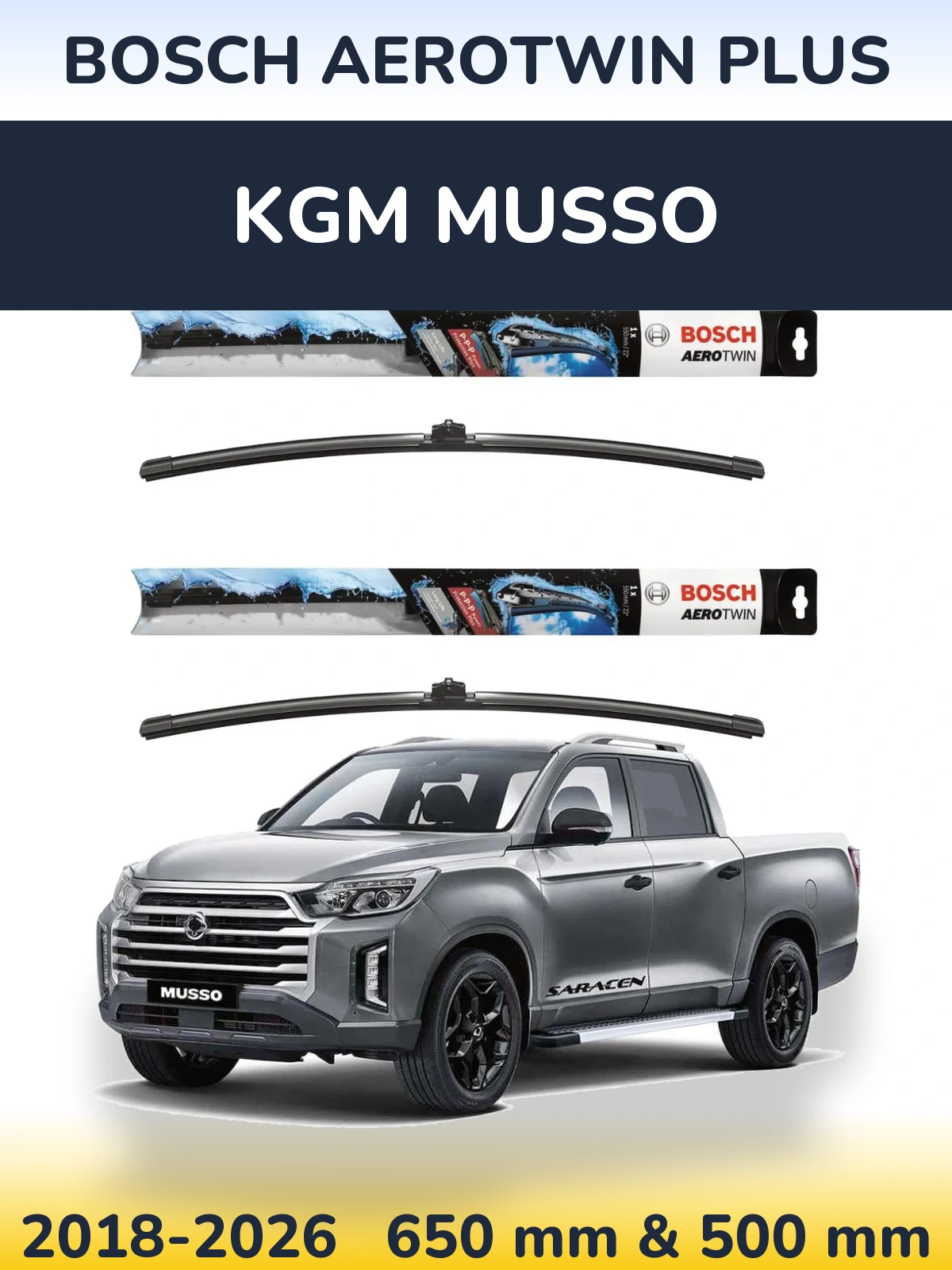 Front wiper blade set BOSCH AeroTwin Plus 650 & 500 мм for KGM Musso 2018-2026