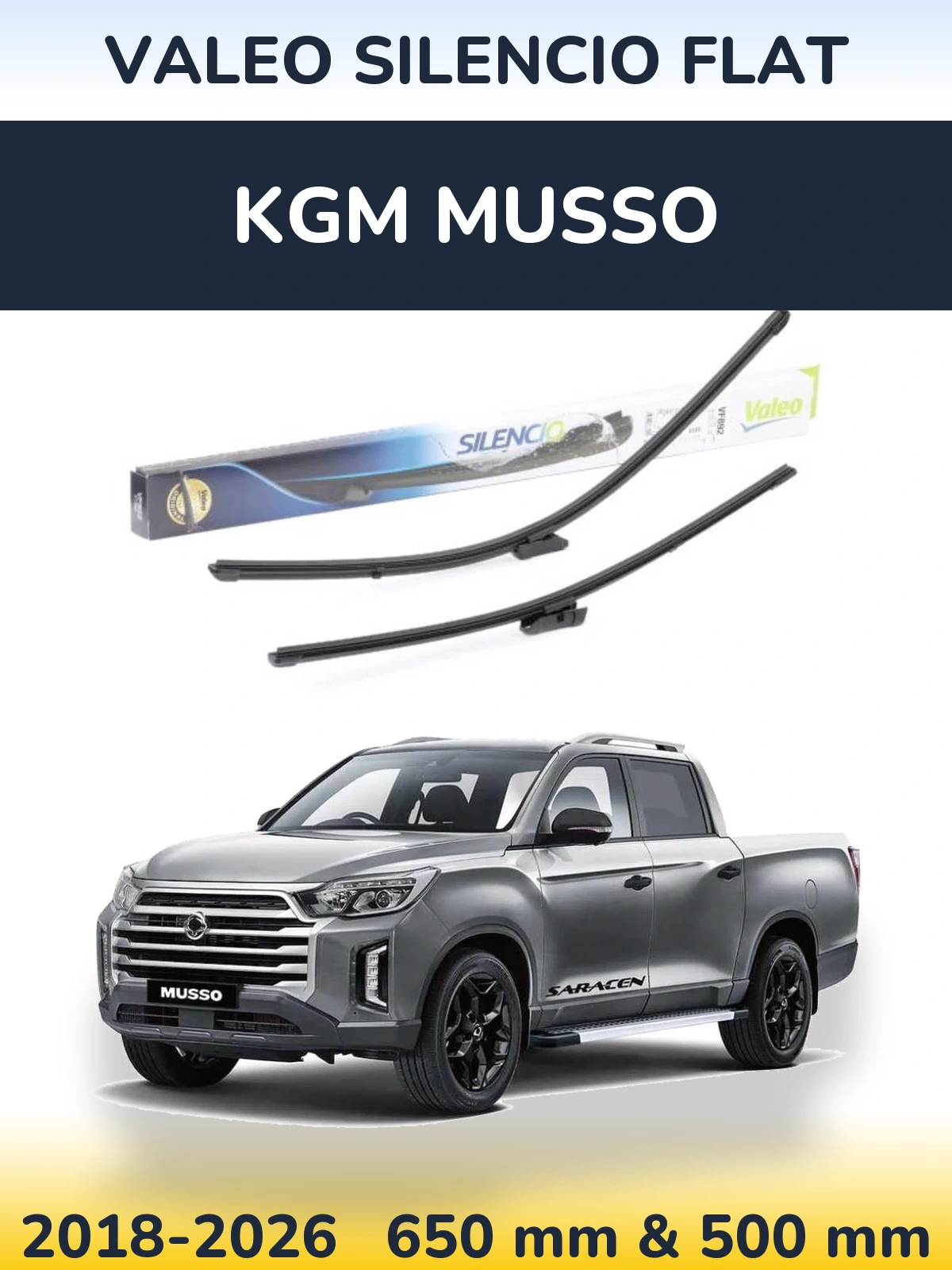 Front wiper blade set Valeo Silencio Flat 630 & 500 mm for KGM Musso 2018-2026