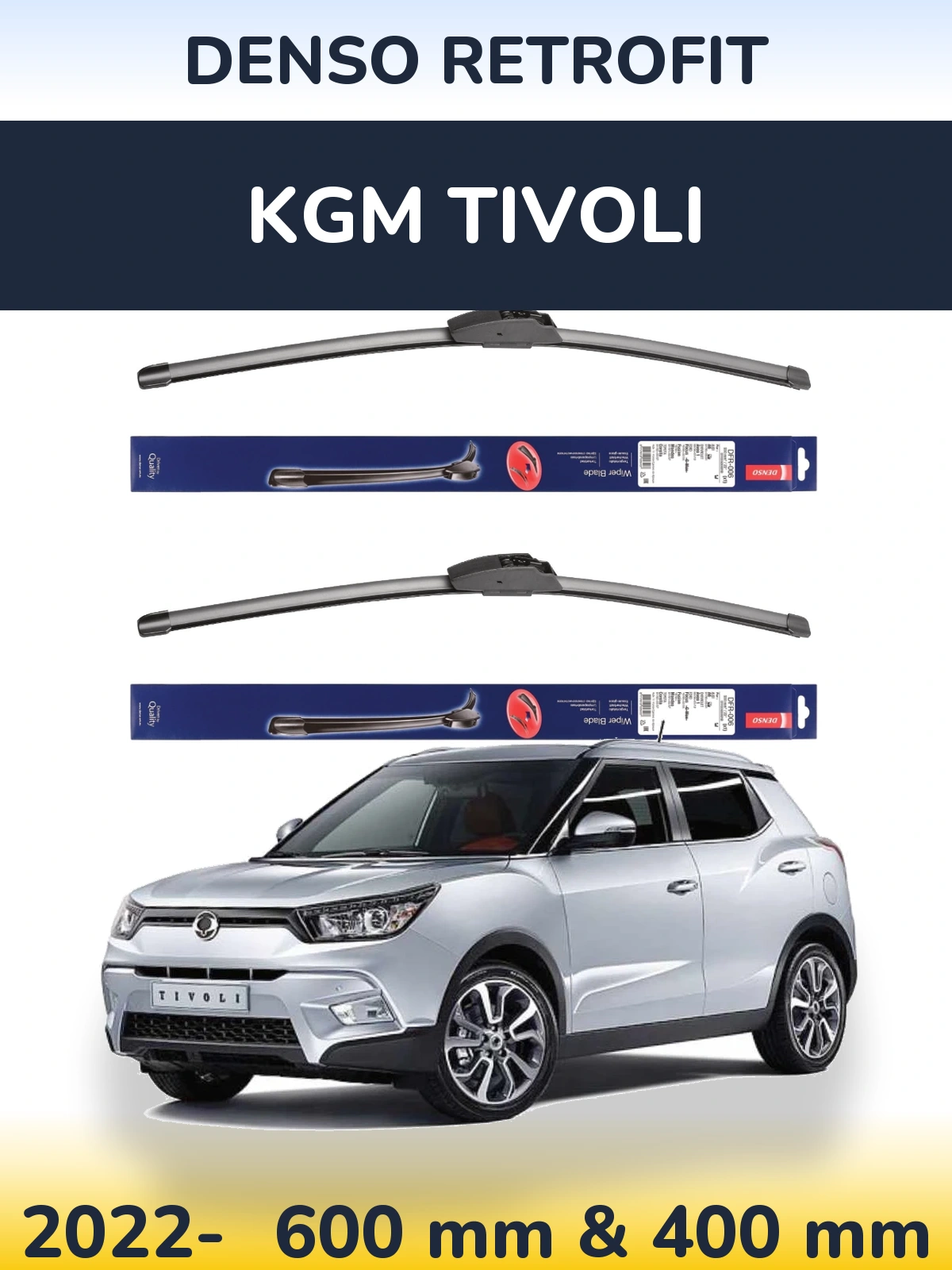 Front wiper blade set Denso Retrofit 600 & 400 mm for KGM Tivoli 2022-2026