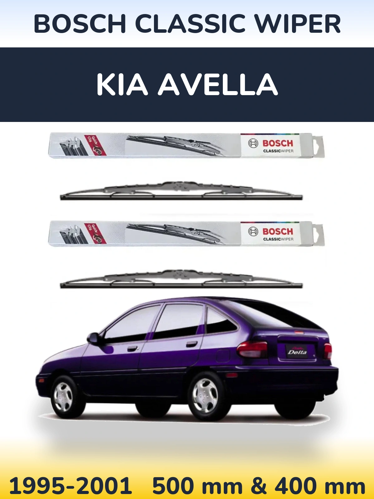 Front wiper blade set BOSCH Classic Wiper 500 & 400 mm for KIA Avella 1995-2001