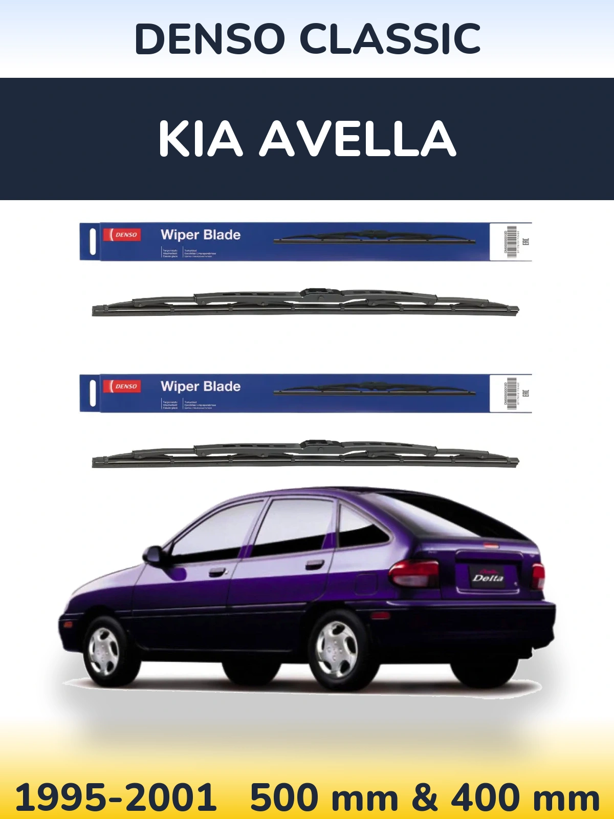 Front wiper blade set Denso Classic 500 & 400 mm for KIA Avella 1995-2001