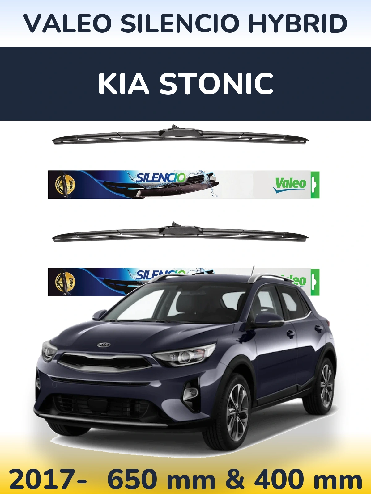 Front wiper blade set Valeo Silencio Hybrid 650 & 400 mm for KIA Stonic 2017-2026