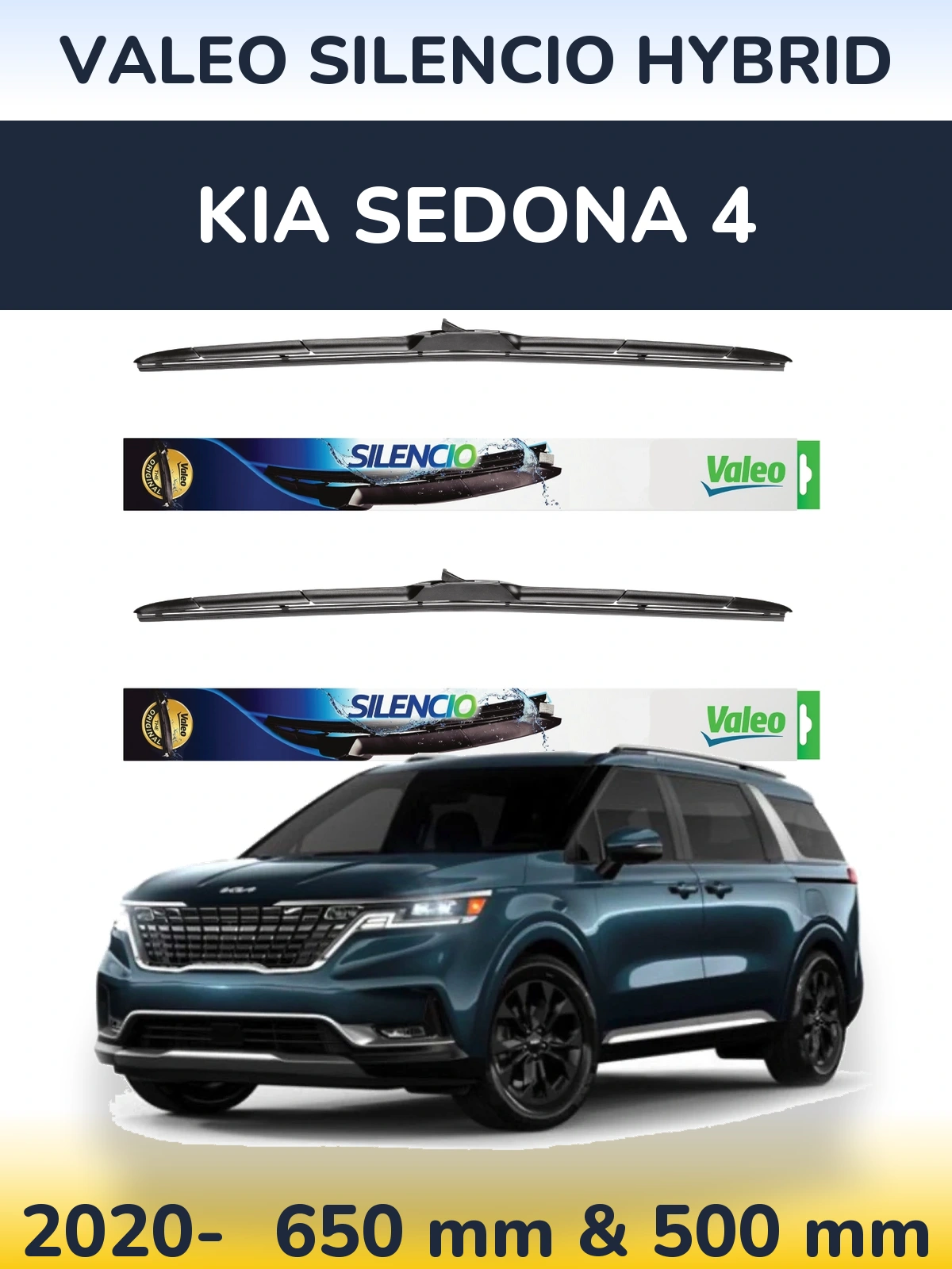 Front wiper blade set Valeo Silencio Hybrid 650 & 500 mm for KIA Sedona 4 2020-2026